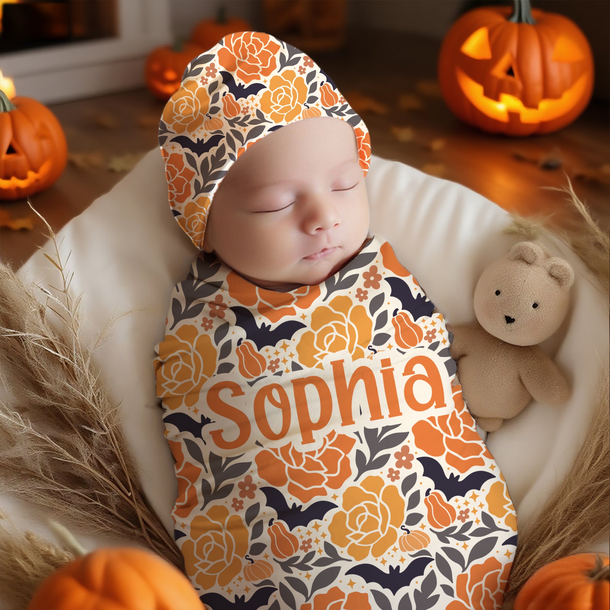 Calabaza Personalizada Flor 100% Algodón Swaddle y Nudo Sombrero Set con Nombre Primer Halloween Baby Shower Cumpleaños Regalo para Bebé Recién Nacidos
