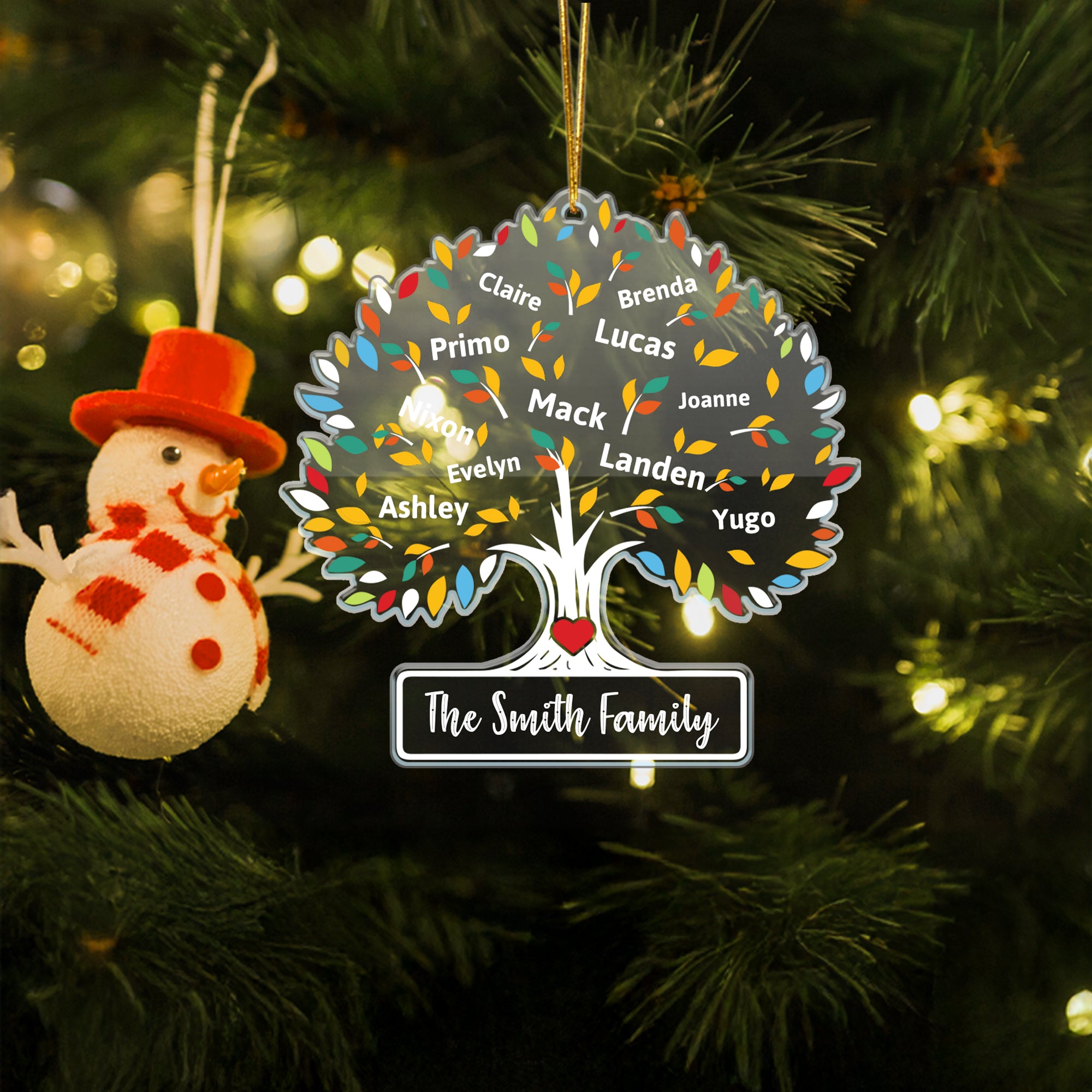 Árbol genealógico personalizado de colores Ornamento de acrílico transparente con 1-16 nombres Decoración del hogar Regalo de inauguración de la casa de Navidad para la familia