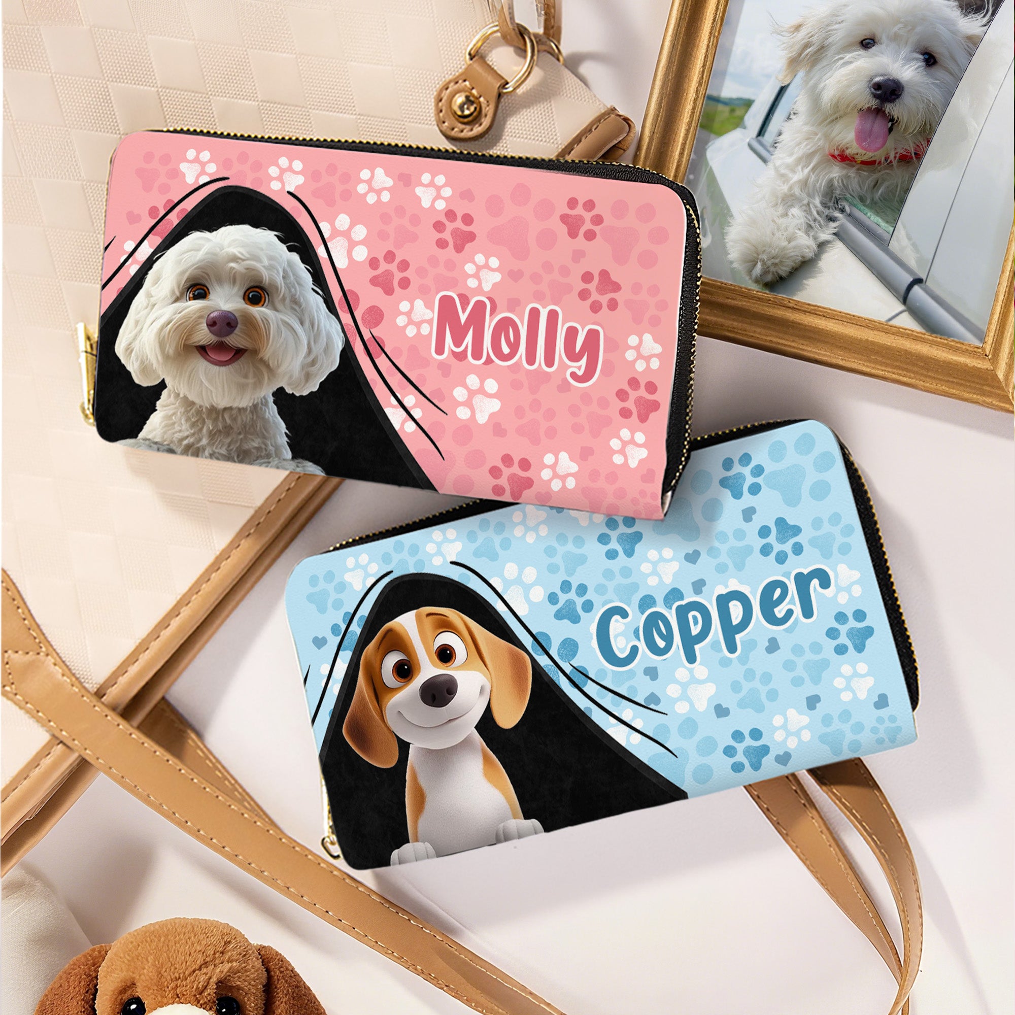 Personalizada de dibujos animados nombre del perro grande de la PU de cuero de mano billetera con varios compartimentos de metal cremallera cumpleaños aniversario de regalo para los amantes del perro