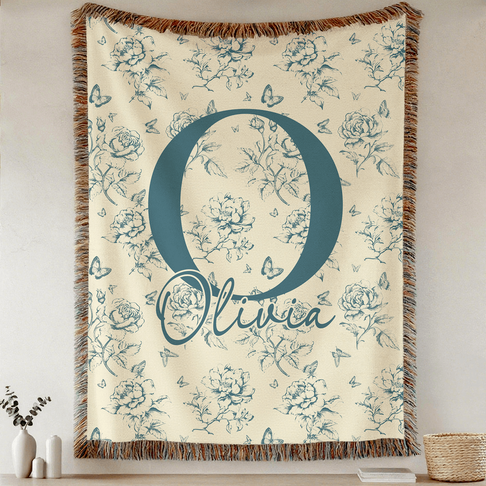 Personalizada Flor Rústica Toile De Jouy Suave Manta de Borlas con Nombre e Inicial Uso Diario Decoración del Hogar Cumpleaños Aniversario Regalo para Familia Amigo