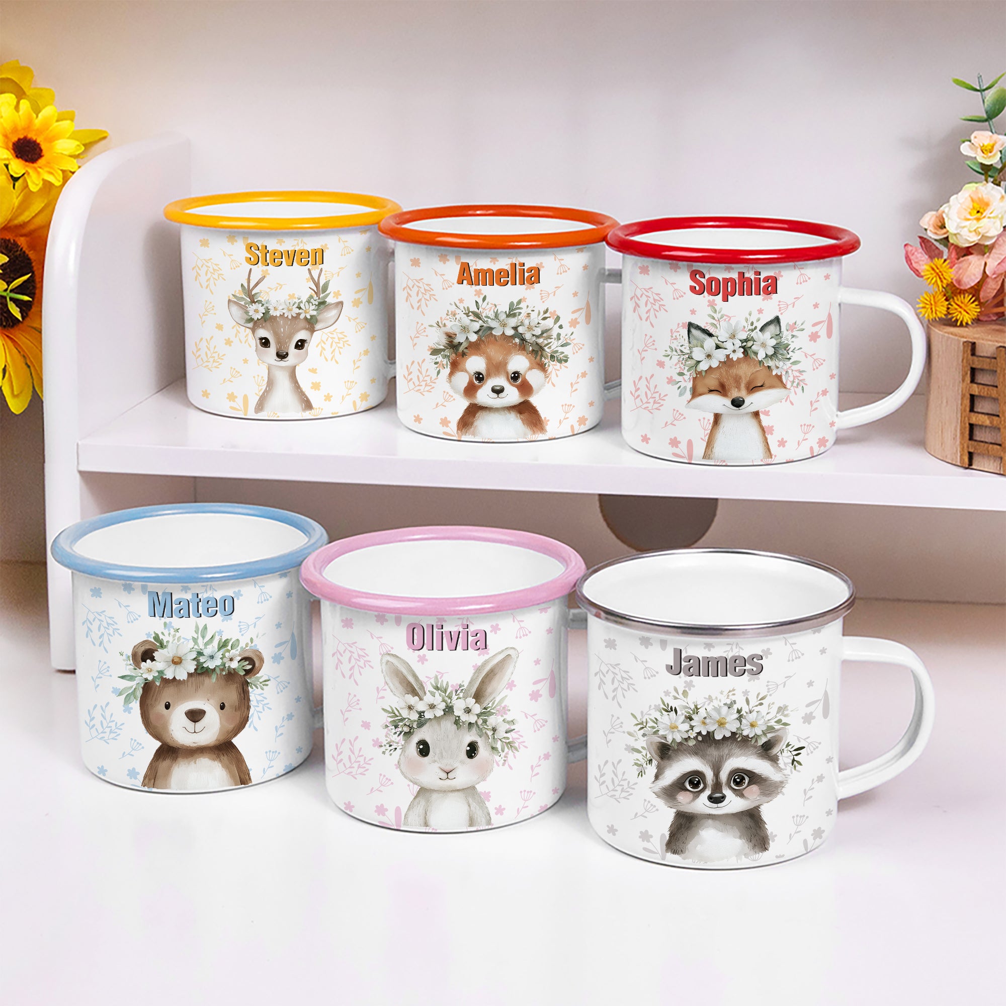 Personalizada de dibujos animados de la corona de ciervos oso animales 12 oz borde de color taza de esmalte con el nombre de uso diario de Navidad regalo de cumpleaños para niños y niñas