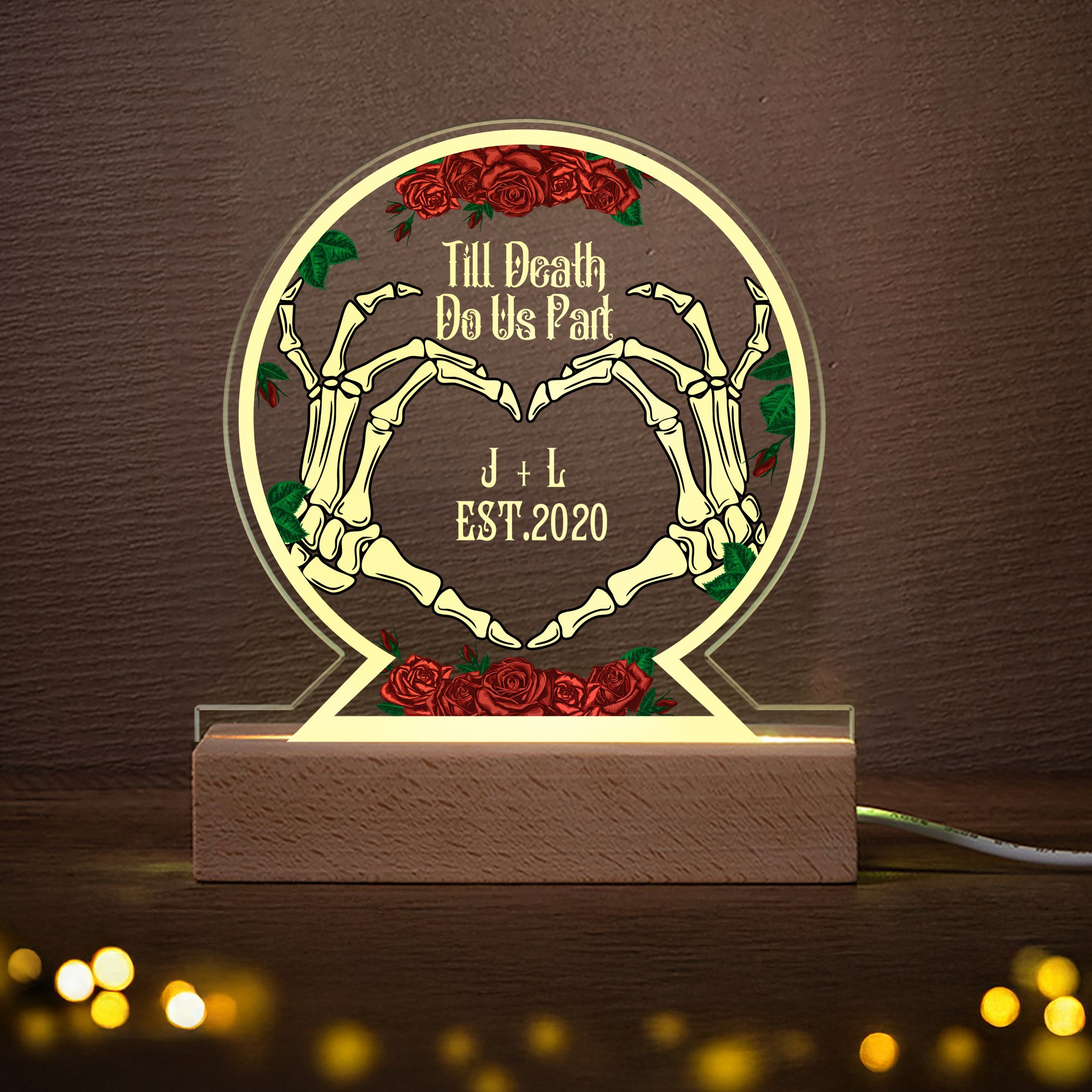Personalizada Hasta que la Muerte nos Separe Manos de Esqueleto Luz de Noche LED Acrílica con Base de Madera e Iniciales Halloween Regalo de Aniversario para Parejas