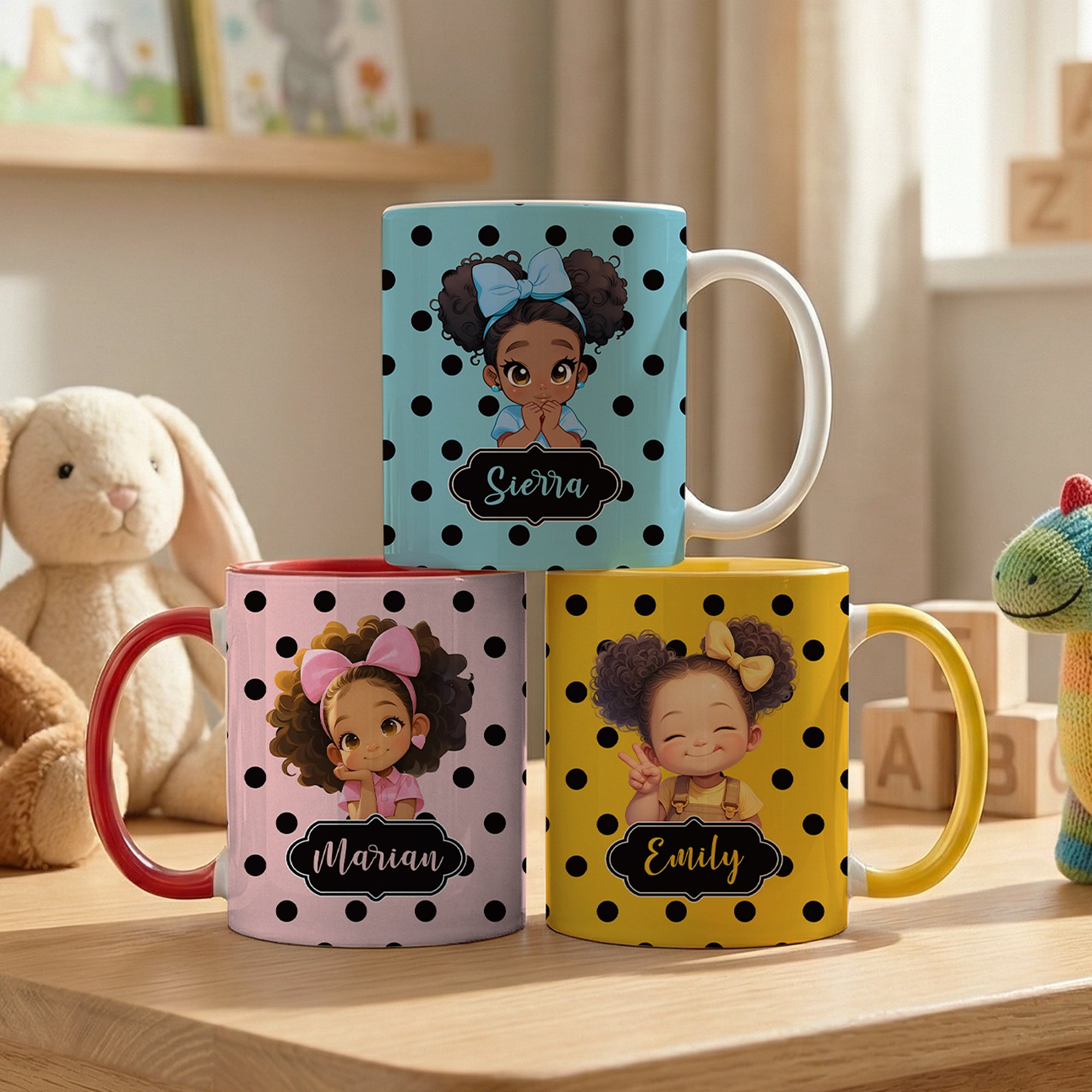 Taza de café de cerámica con nombre y posavasos personalizada de niña negra de dibujos animados 11 oz 15 oz Uso diario Regalo de cumpleaños para niñas
