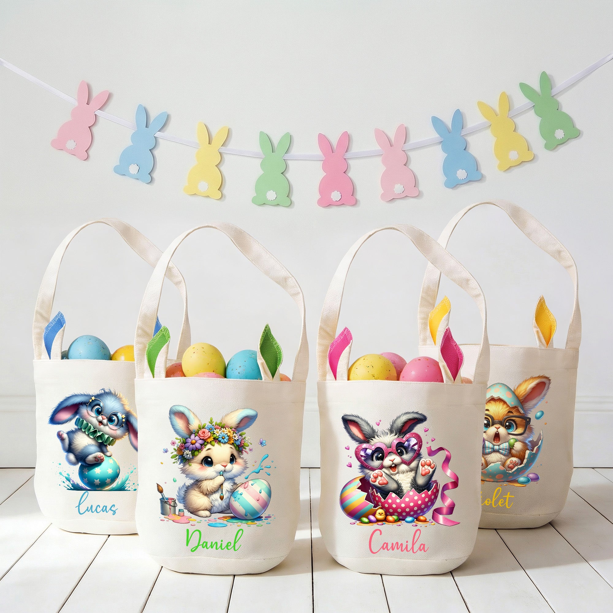 Personalizado lindo conejo de Pascua Huevo de Conejo Orejas cesta con el nombre de la caza del huevo del partido de Pascua de regalo para los niños las niñas