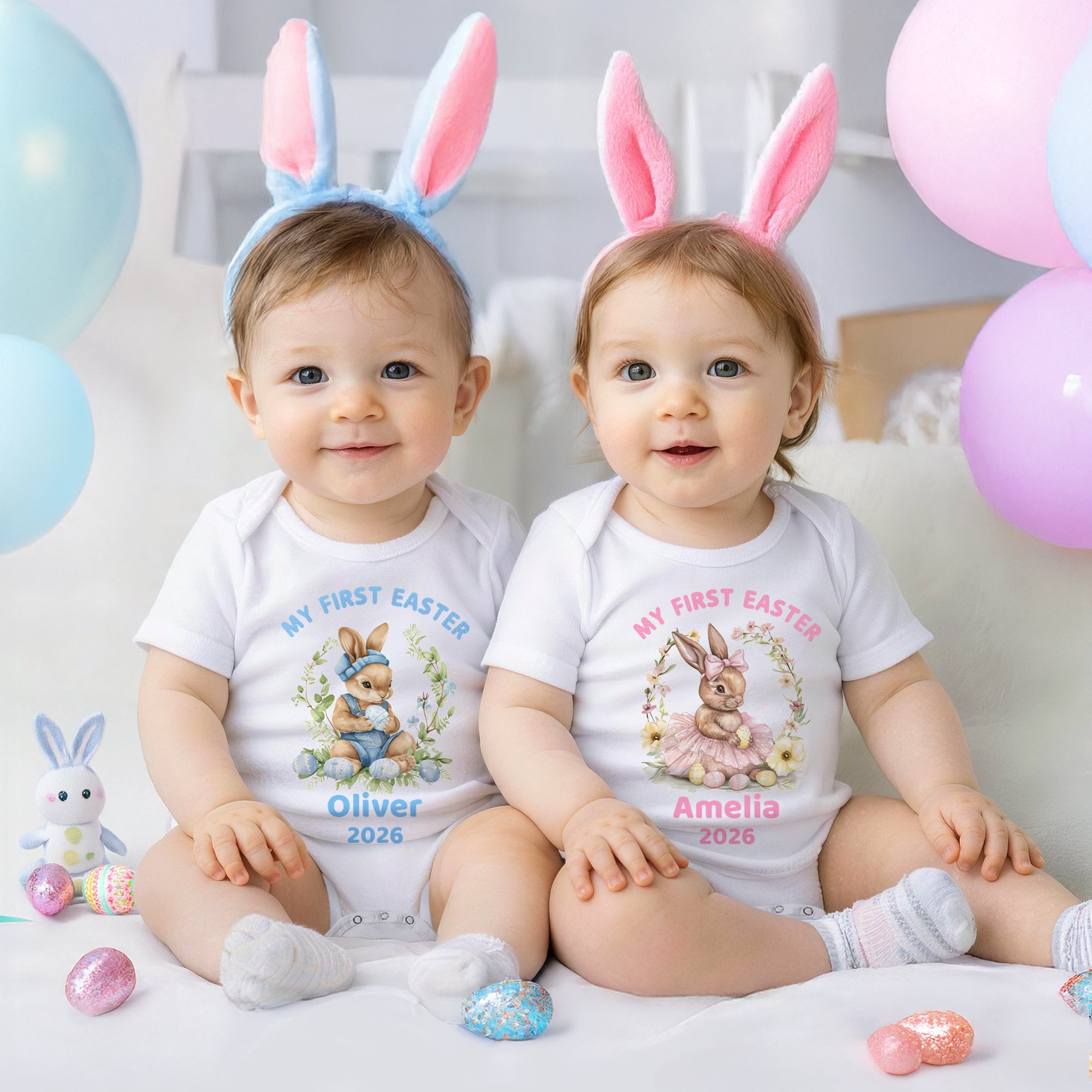Conejito Personalizado 100% Algodón con Nombre y Año Fiesta de Pascua Regalo de Cumpleaños para Bebé