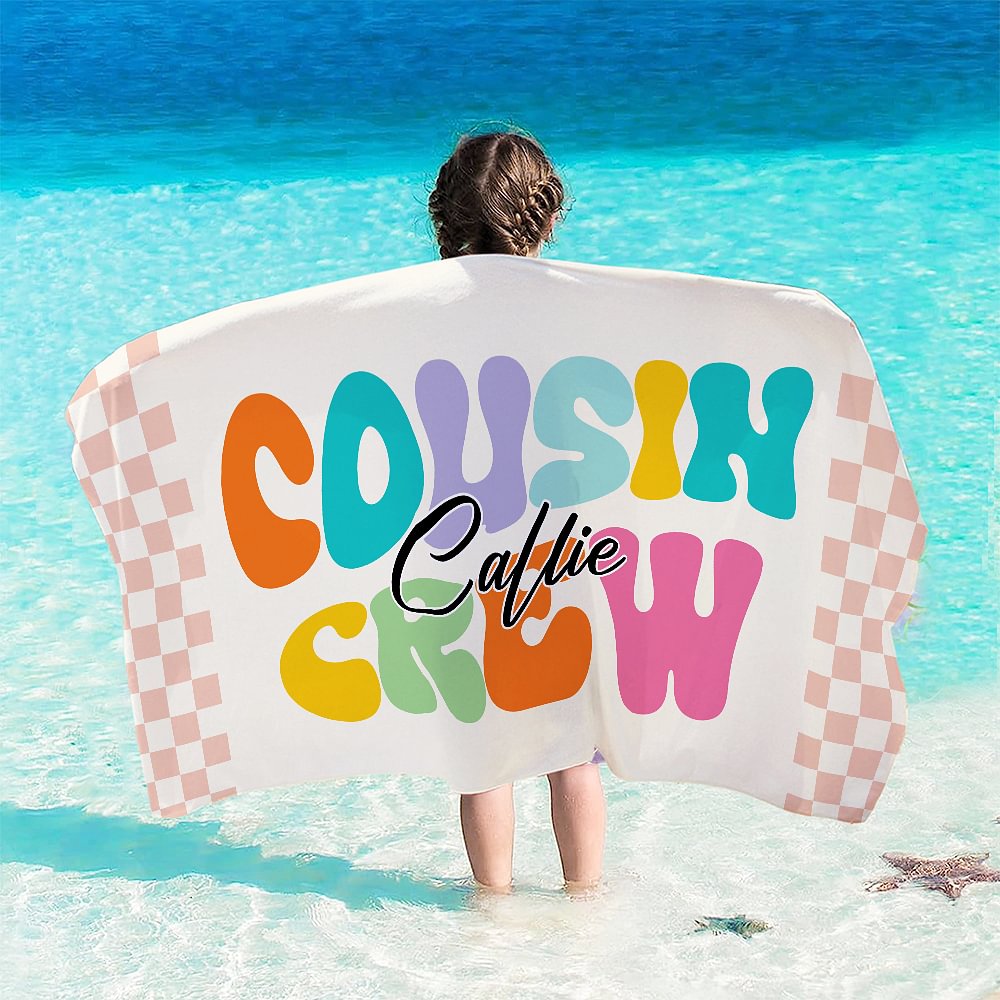 Toalla de playa de gran tamaño, de secado rápido, con nombre, personalizada, a cuadros, multicolor, para viajes de verano, vacaciones, esencial, regalo de cumpleaños para la familia y los niños.