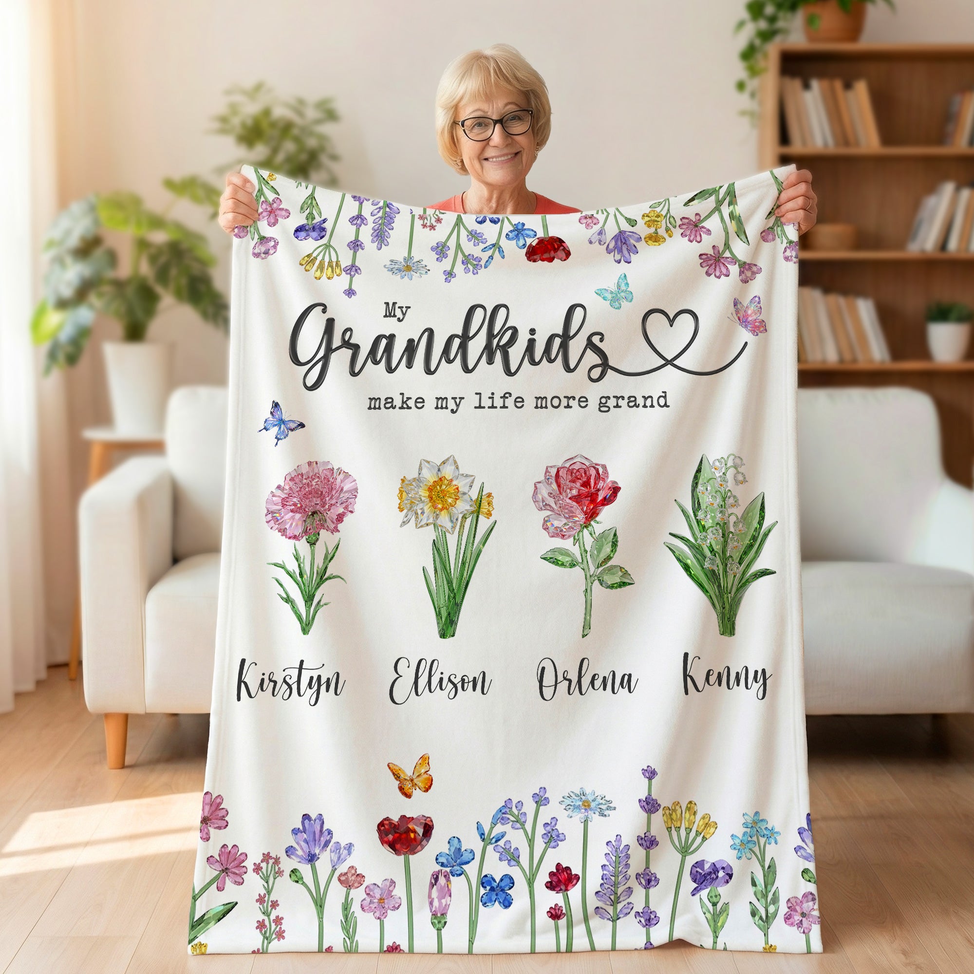 Personalizada 1-6 Flores de Cristal de Nacimiento Manta Suave con Nombres Decoración del Hogar Regalo del Día de la Madre para la Abuela