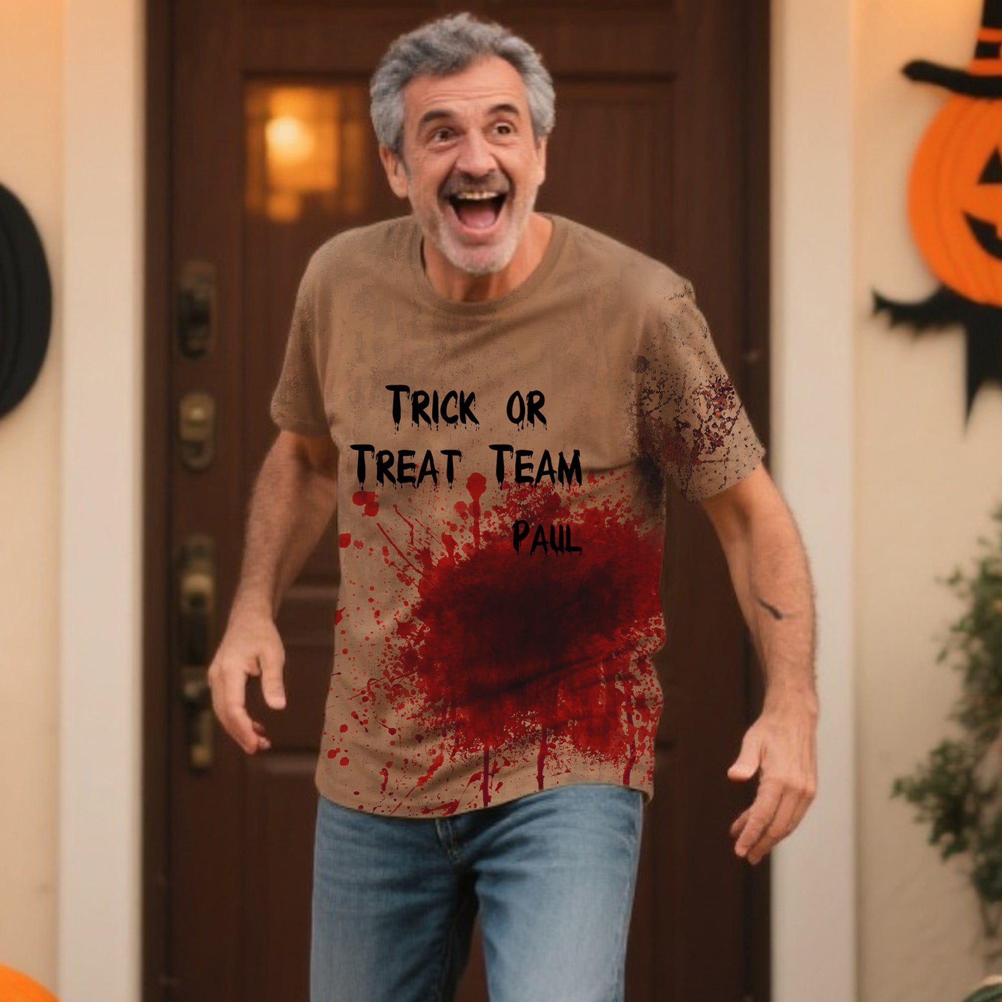 Personalizada Horror Bloody Impreso Suave Divertido Camiseta de los hombres con el nombre y el texto Truco o Trato espeluznante temporada de Halloween Regalo para los hombres