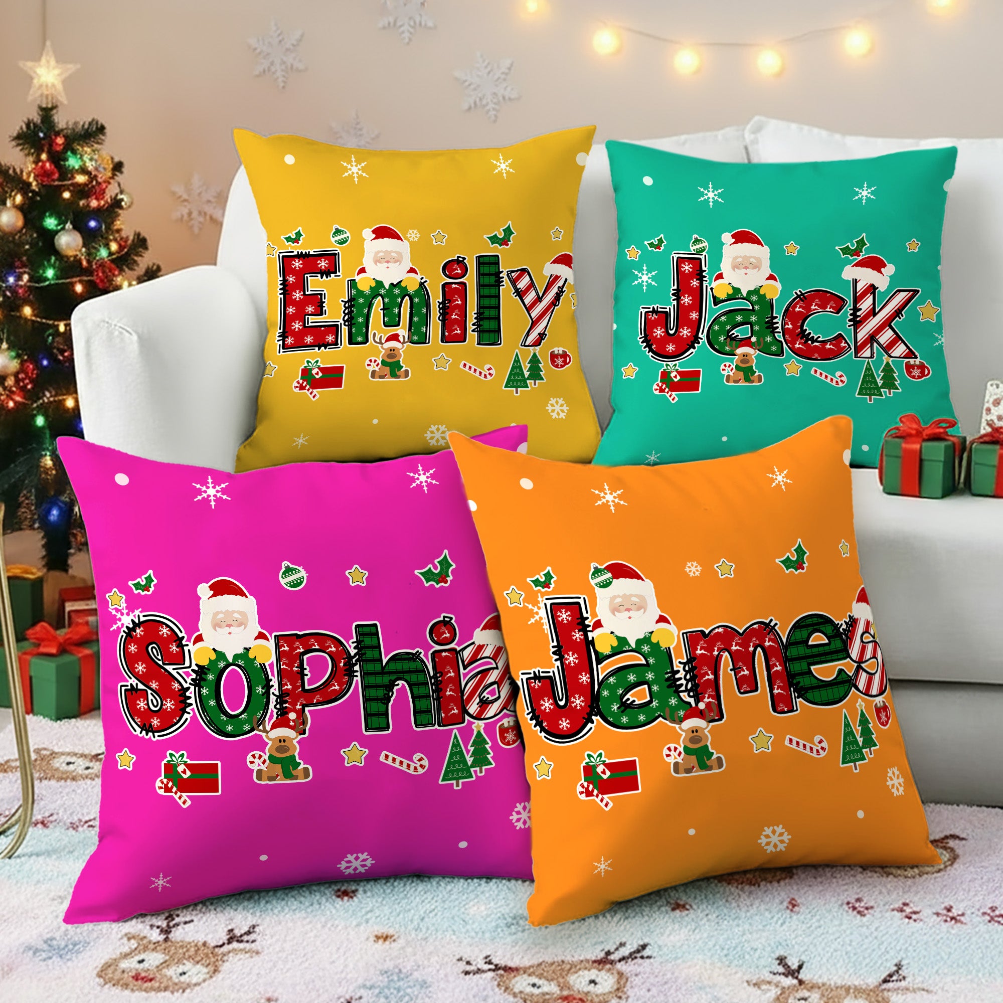 Personalizado lindo Santa Claus Alce Copo de nieve Funda de almohada con nombre Decoración del hogar Regalo de Navidad para la familia Amigos