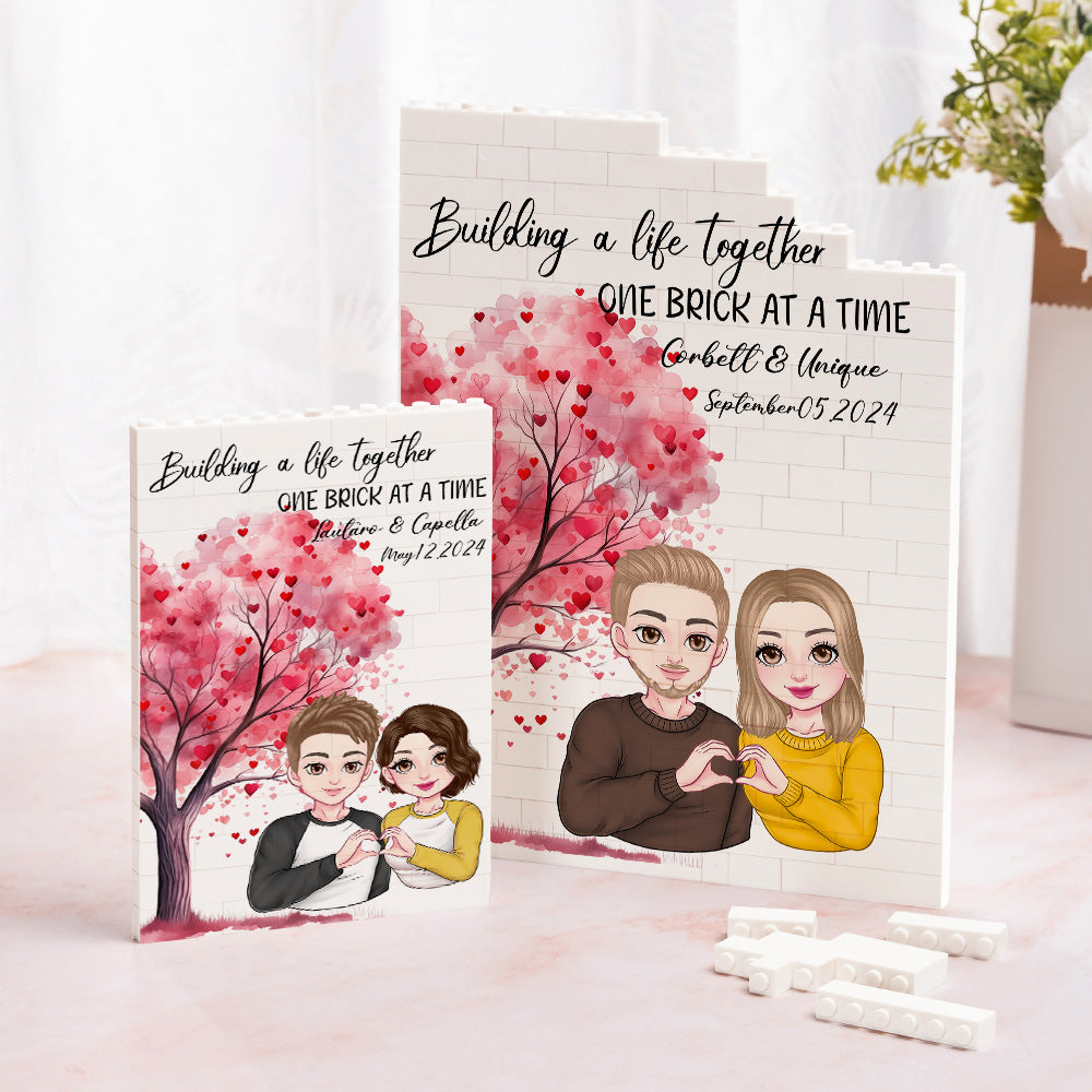 Árbol del amor personalizado Gesto Corazón Personaje de dibujos animados Rompecabezas de ladrillo de construcción con el nombre y la fecha Día de San Valentín Aniversario Regalo para Pareja
