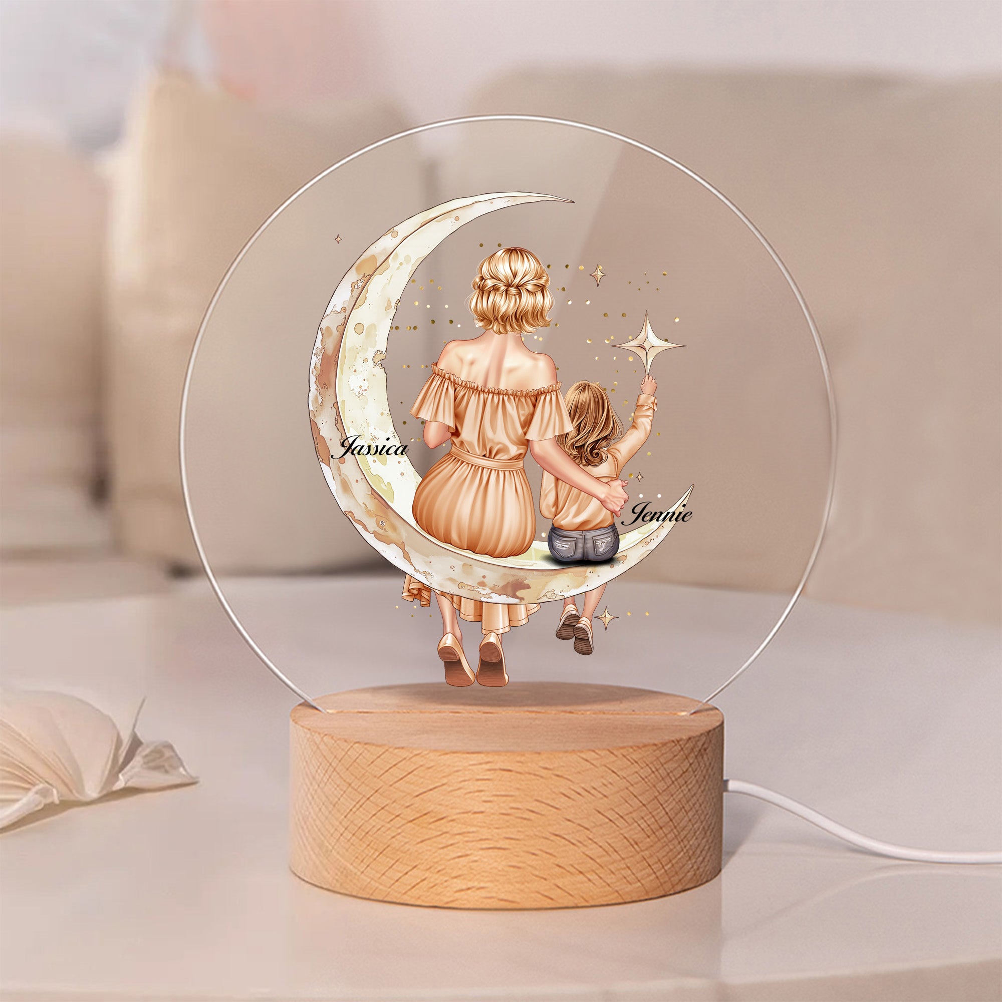 Luz de noche redonda LED personalizada con estrella, luna, mamá, niño, vista trasera, con base de madera y nombre Regalo de cumpleaños para el Día de la Madre Niño Niña