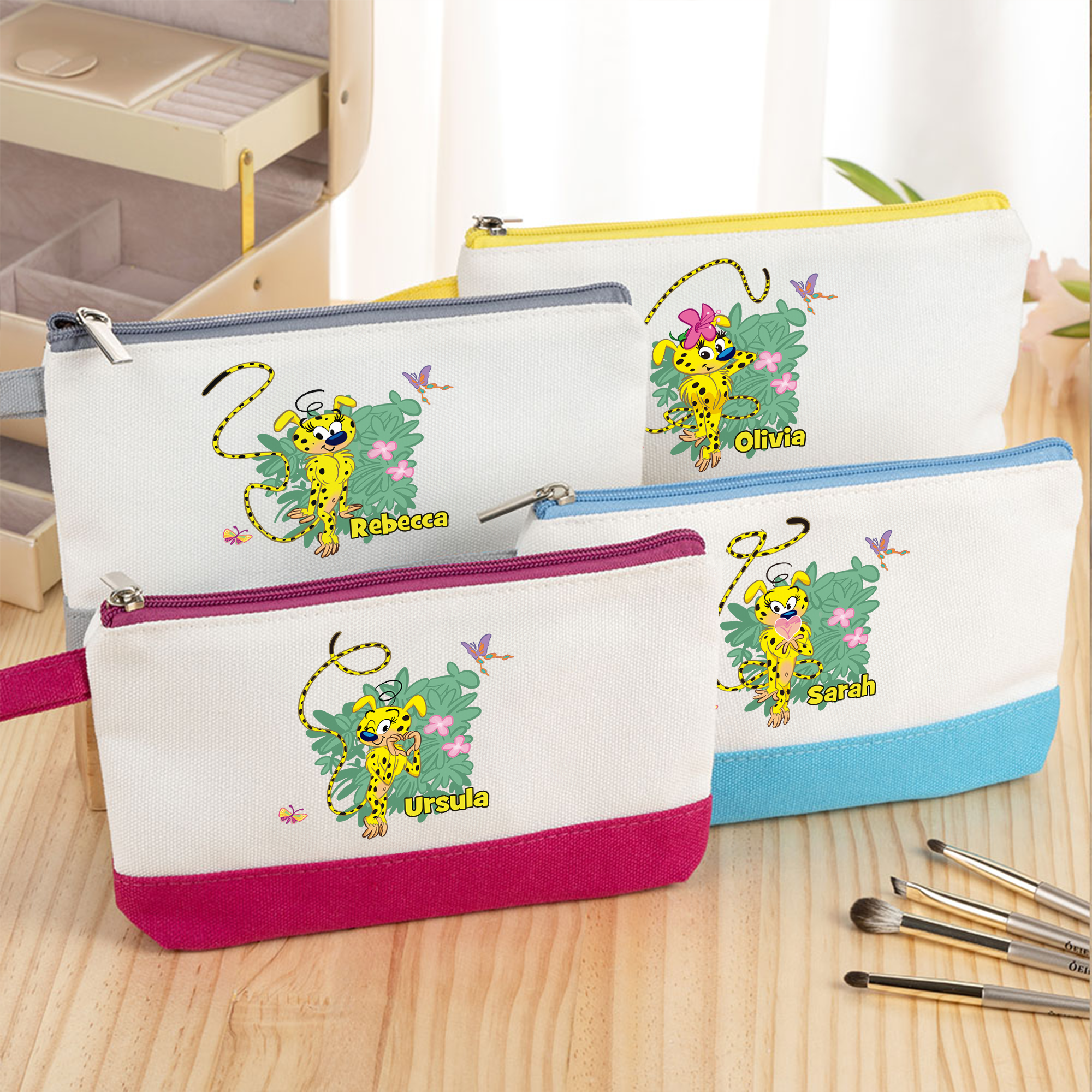 Marsupilami® Bolsa de cosmética de lona personalizada con nombre y dibujo de leopardo amarillo regalo de cumpleaños para mujer | Callie × Marsupilami