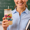 Vaso de cristal esmerilado personalizado Teach Love Colorful Apple 20 oz con nombre y pajita Regalo de agradecimiento para profesores en el Día del Maestro