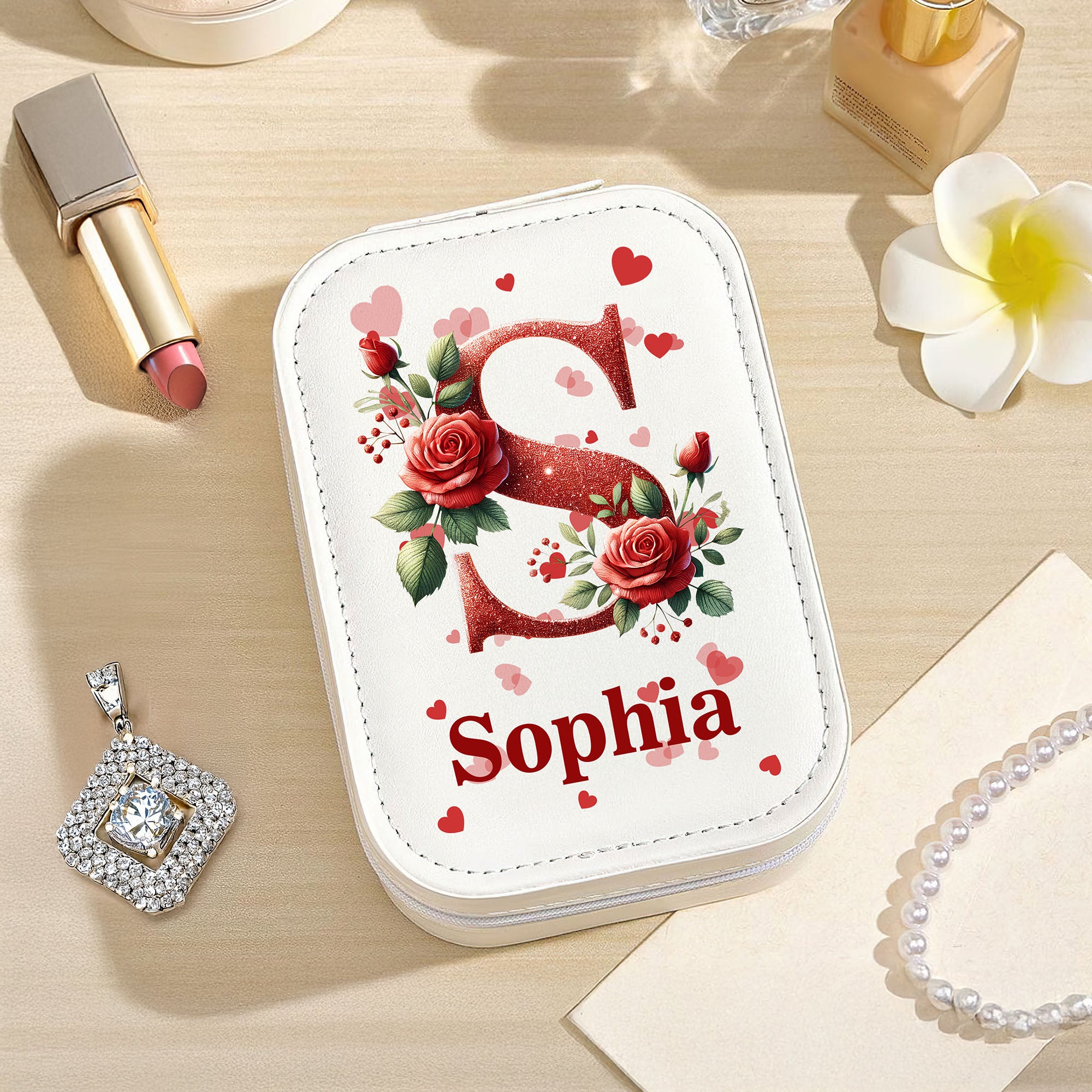 Caja de joyería de cuero de la PU de la inicial de la rosa roja personalizada con nombre y ajustable de tres colores LED Espejo Regalo de cumpleaños para las mujeres