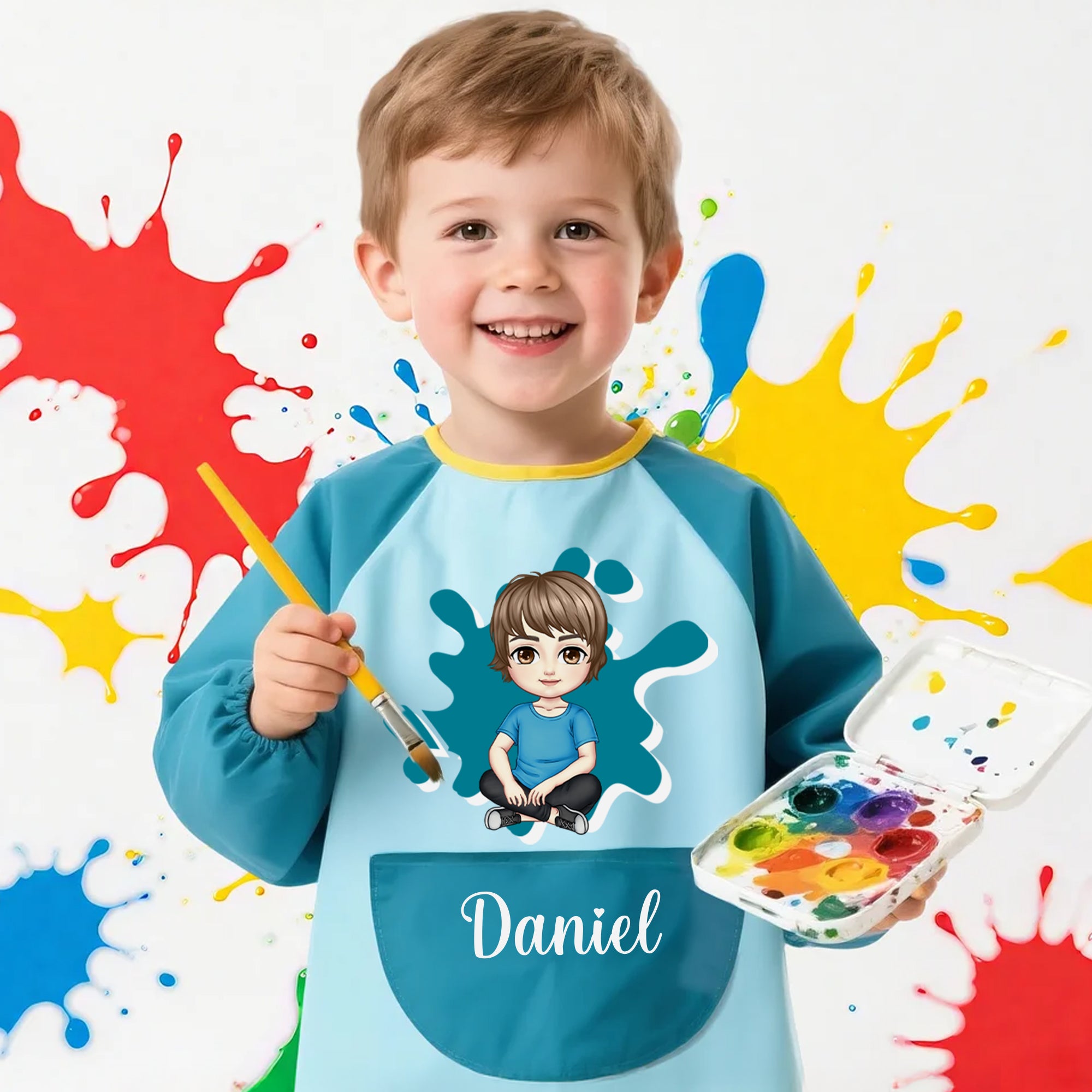 Delantal impermeable de manga larga con nombre de un simpático personaje de dibujos animados personalizado para niños Regalo de cumpleaños para niños de actividades manuales de pintura y cocina