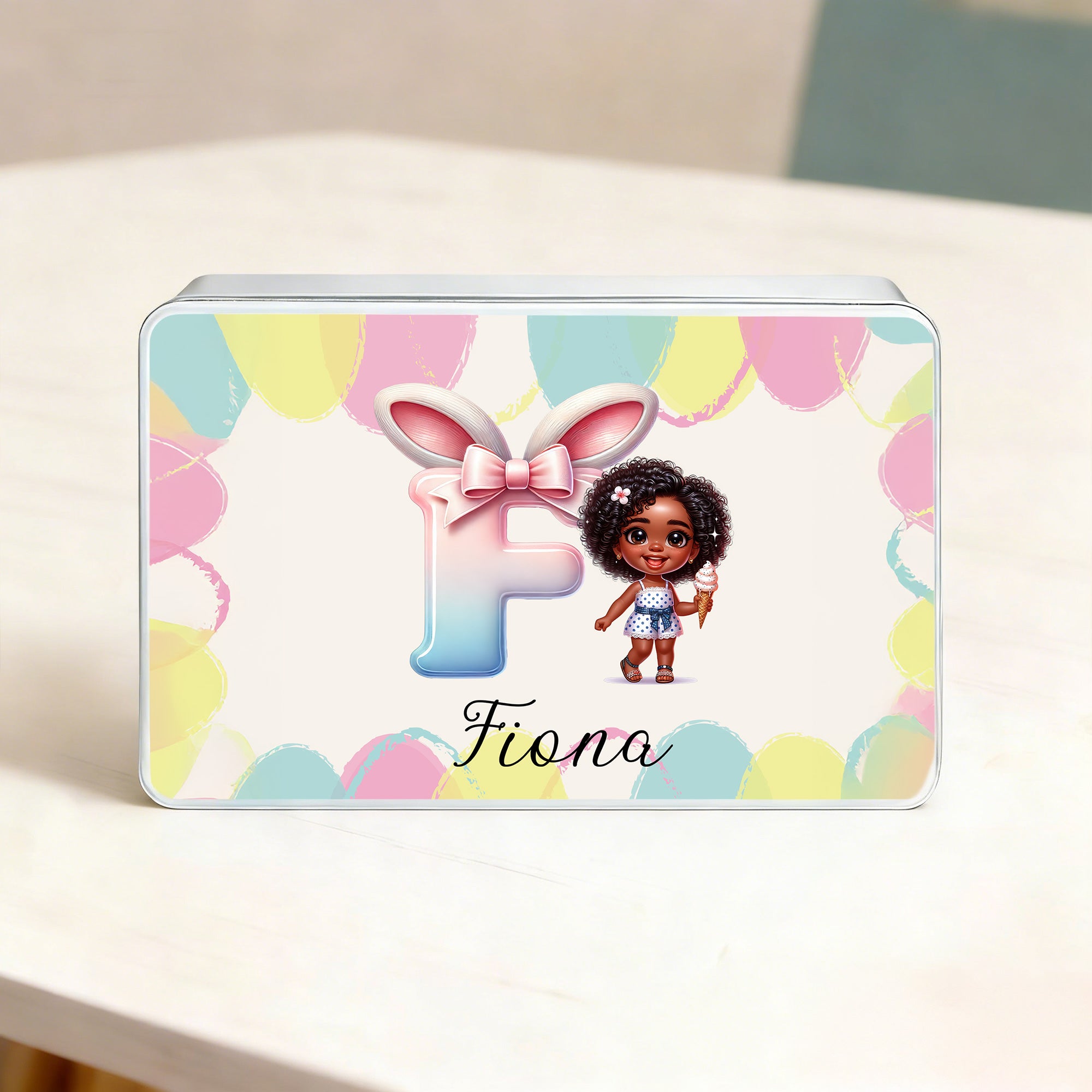 Personalizado Negro lindo conejito de la muchacha inicial galleta caja de estaño con el texto de almacenamiento de accesorios de Pascua del partido de regalo para las niñas
