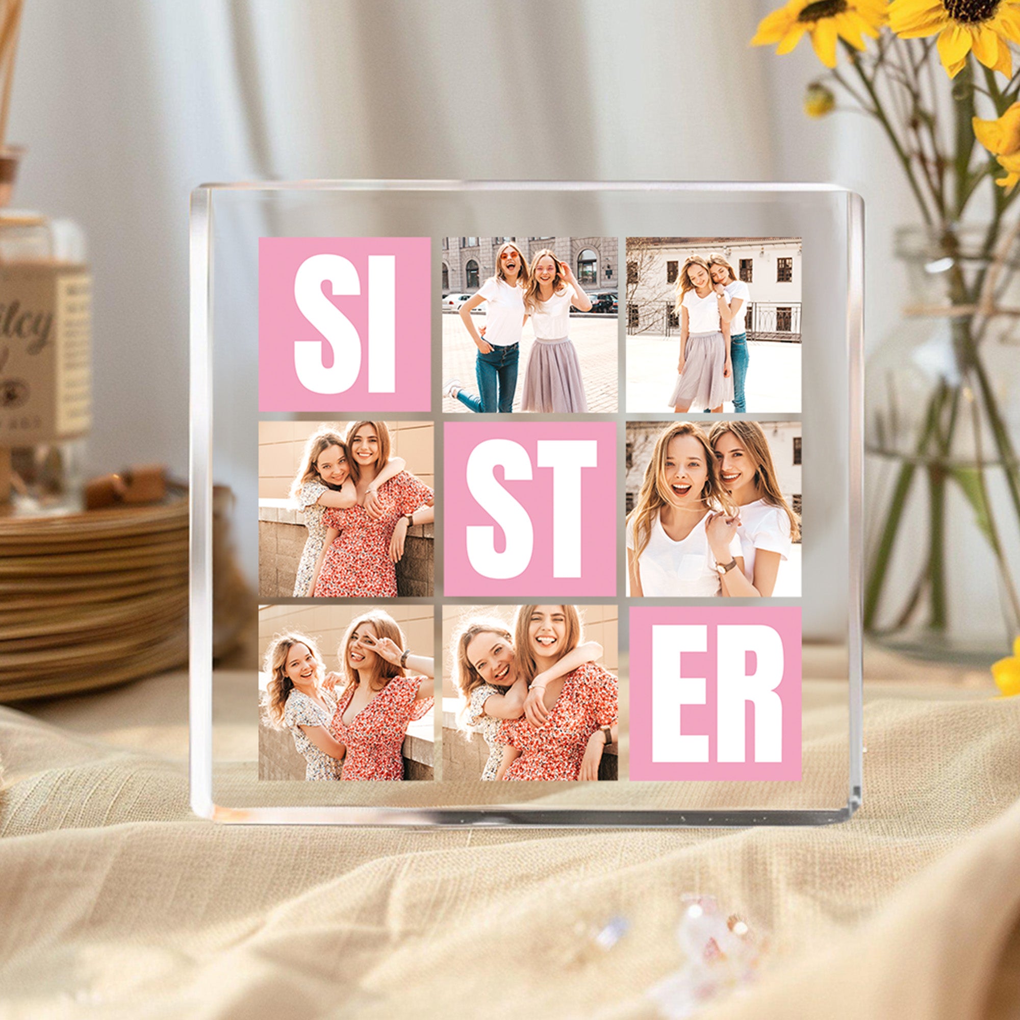 Personalizado 6 Fotos Collage Multicolor Cuadrado Acrílico Placa Escritorio Decoración Cumpleaños Navidad Regalo para Hermanas Amigos