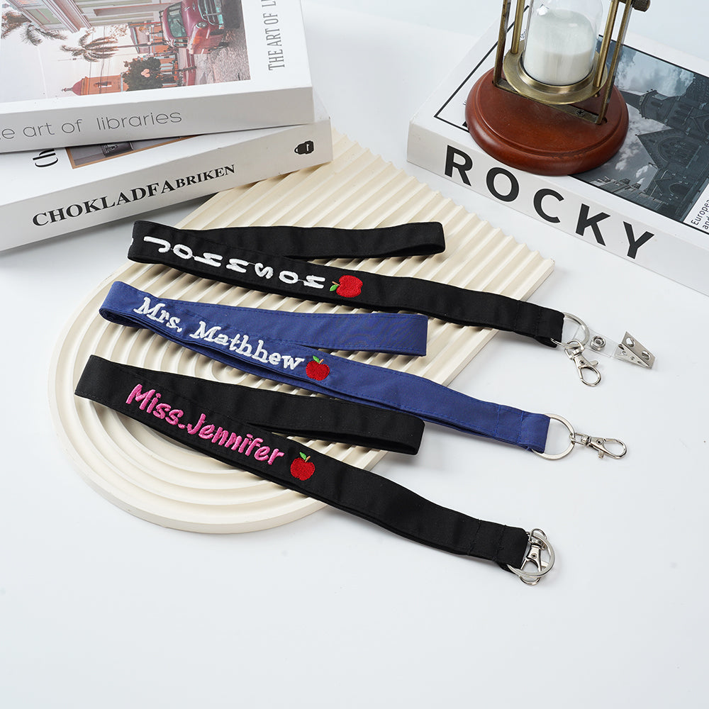 Cordón personalizado para credencial con diseño de manzana y texto bordado en agradecimiento al profesor Regalo para el día del profesor