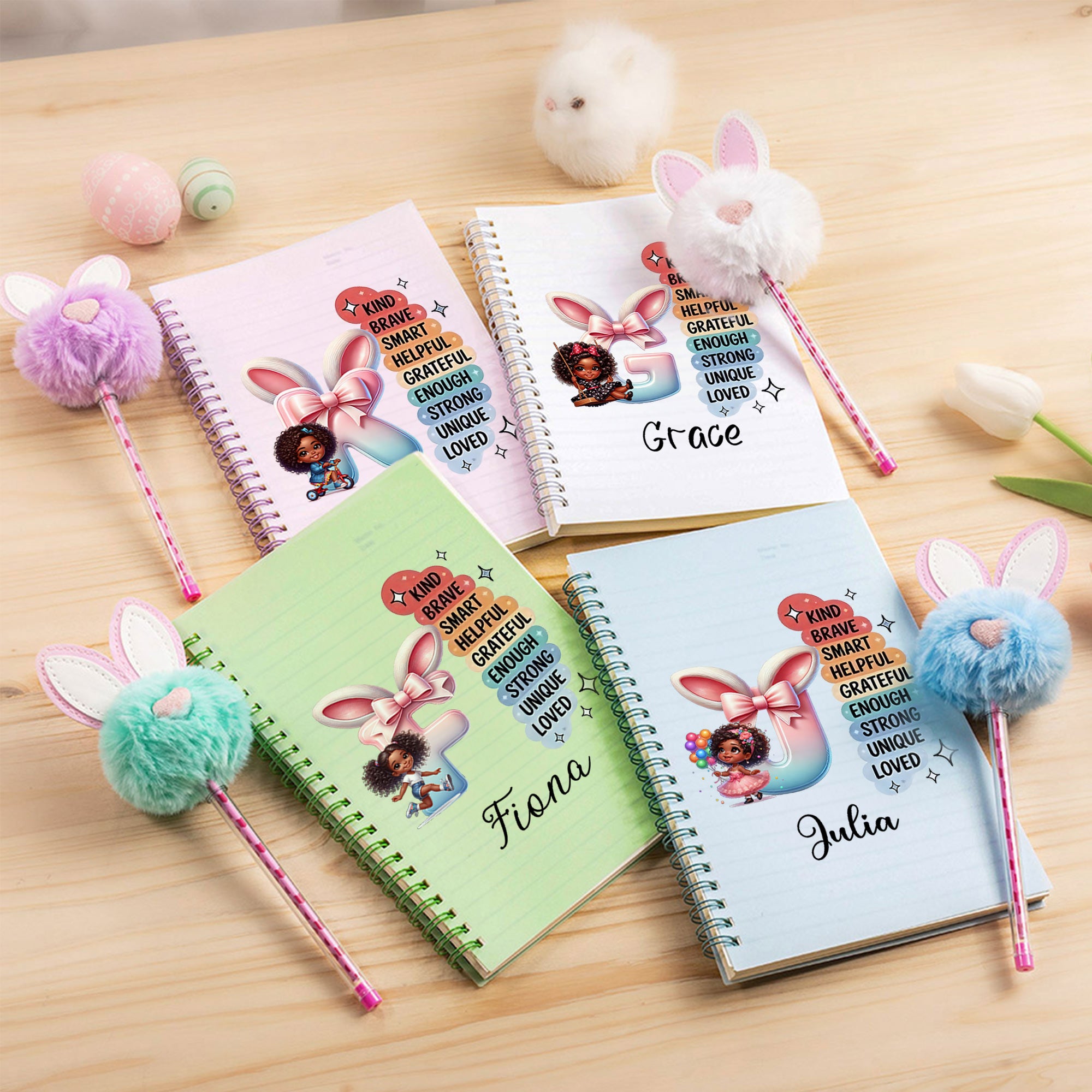 Cuaderno de espiral A5 personalizado con orejas de conejo de Pascua para niña negra y set de bolígrafo con nombre Pascua Cumpleaños Vuelta al cole Regalo para niñas