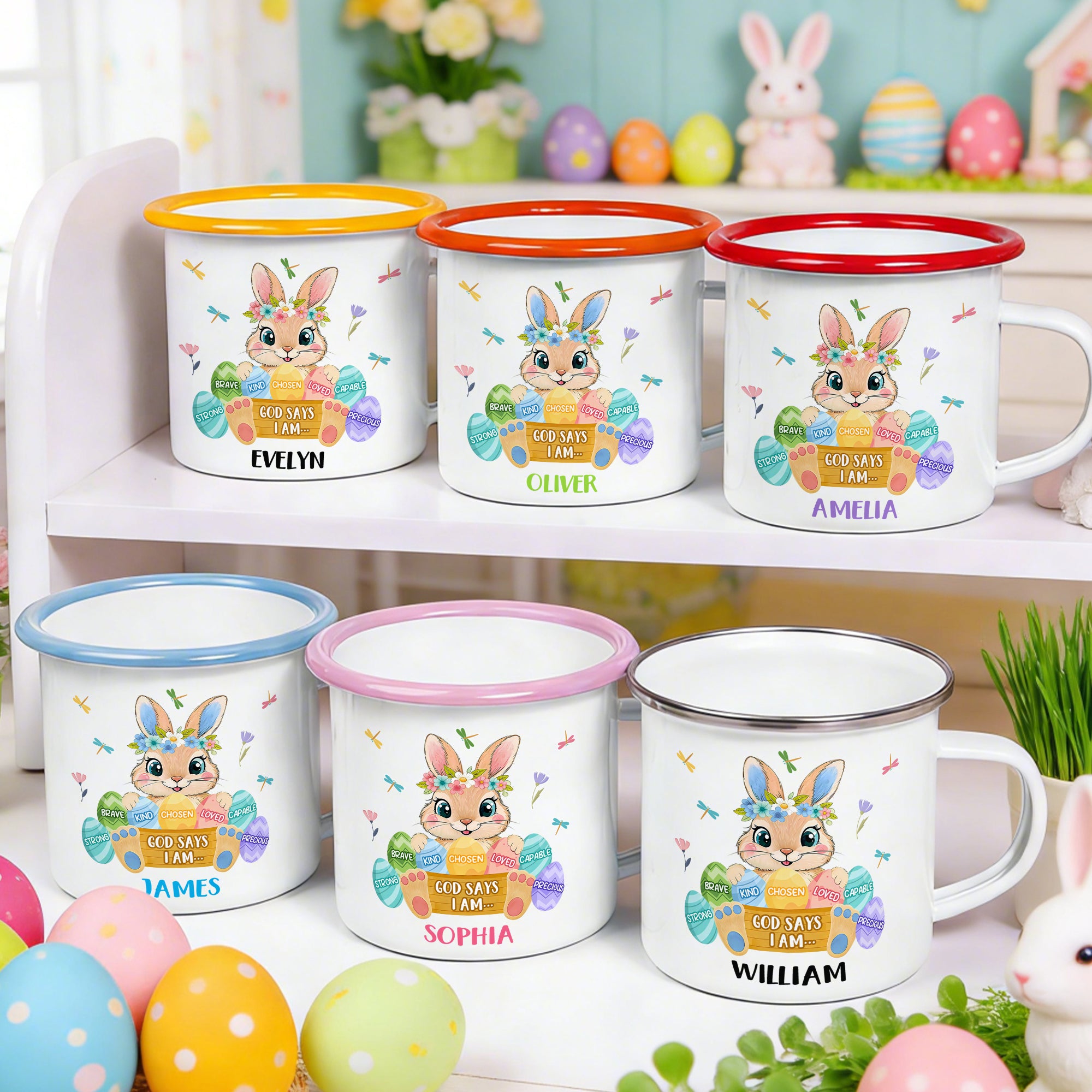 Personalizada Dios dice que soy lindo conejito de Pascua 12 oz borde de color taza de esmalte con el nombre de Pascua regalo de cumpleaños para niños niñas