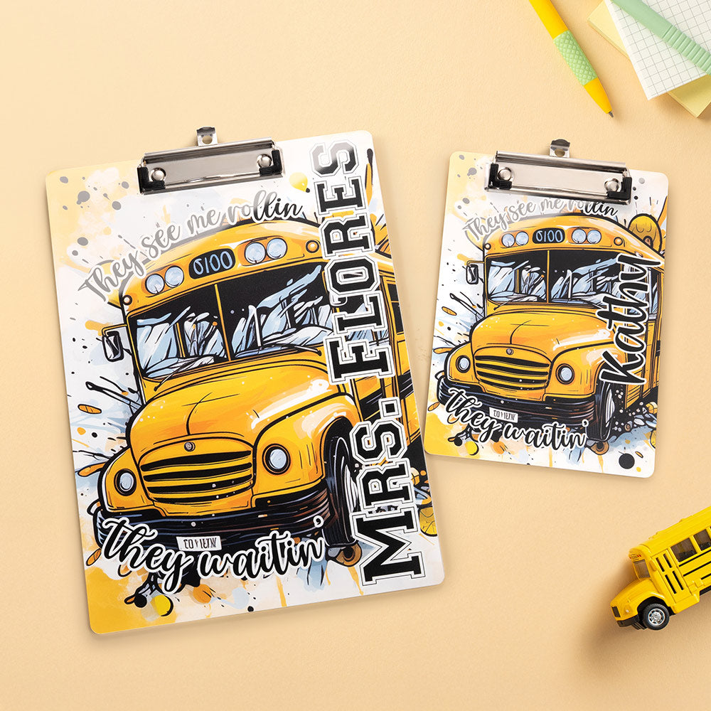 Portapapeles acrílico borrable personalizado con graffiti de autobús escolar y texto Hard Work Gratitude Birthday Gift for School Bus Driver Staff