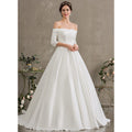 Bridal Wedding Dress Ivory 1 2 Sleeve Long Off the Shoulder Ball-Gown Princess Satin