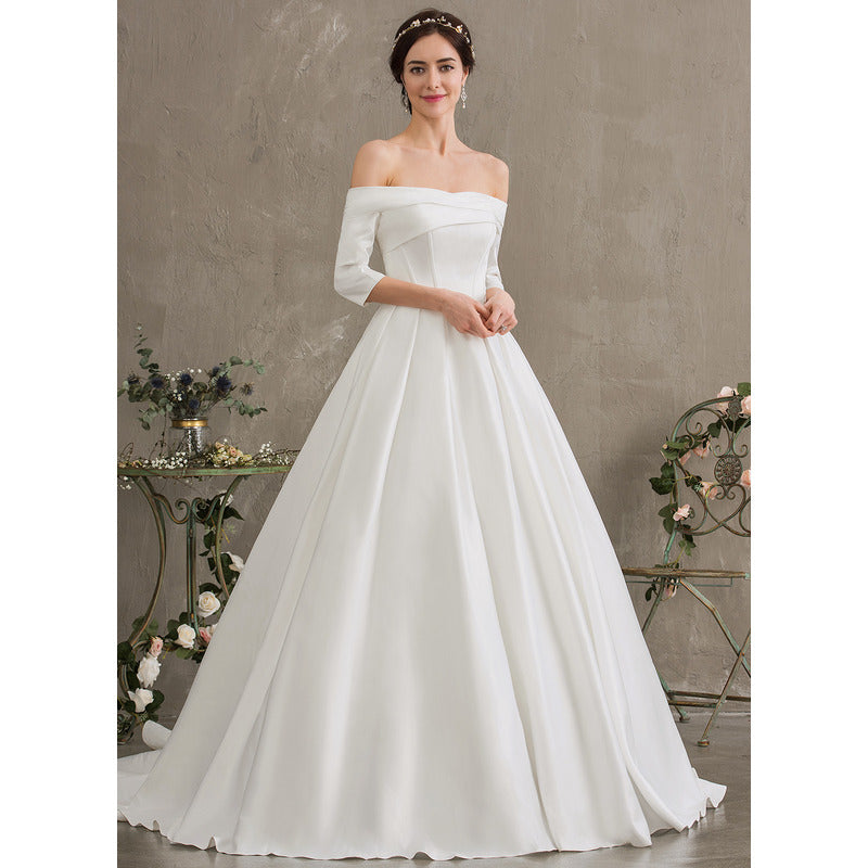 Bridal Wedding Dress Ivory 1 2 Sleeve Long Off the Shoulder Ball-Gown Princess Satin