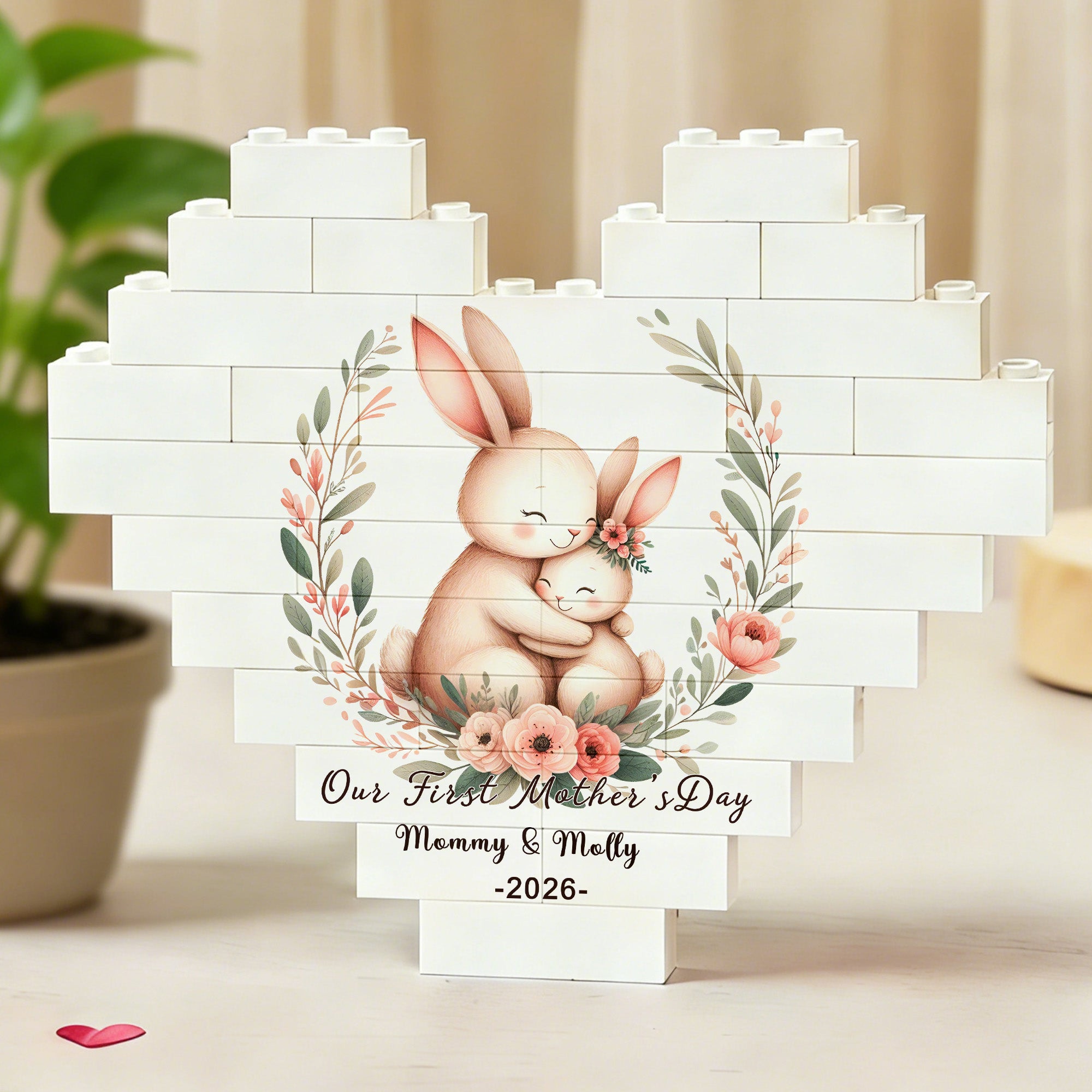 Personalizado Conejo Tigre Madre Bebé Animal Corazón Building Brick Puzzles con texto y año Primer regalo del Día de la Madre para mamá