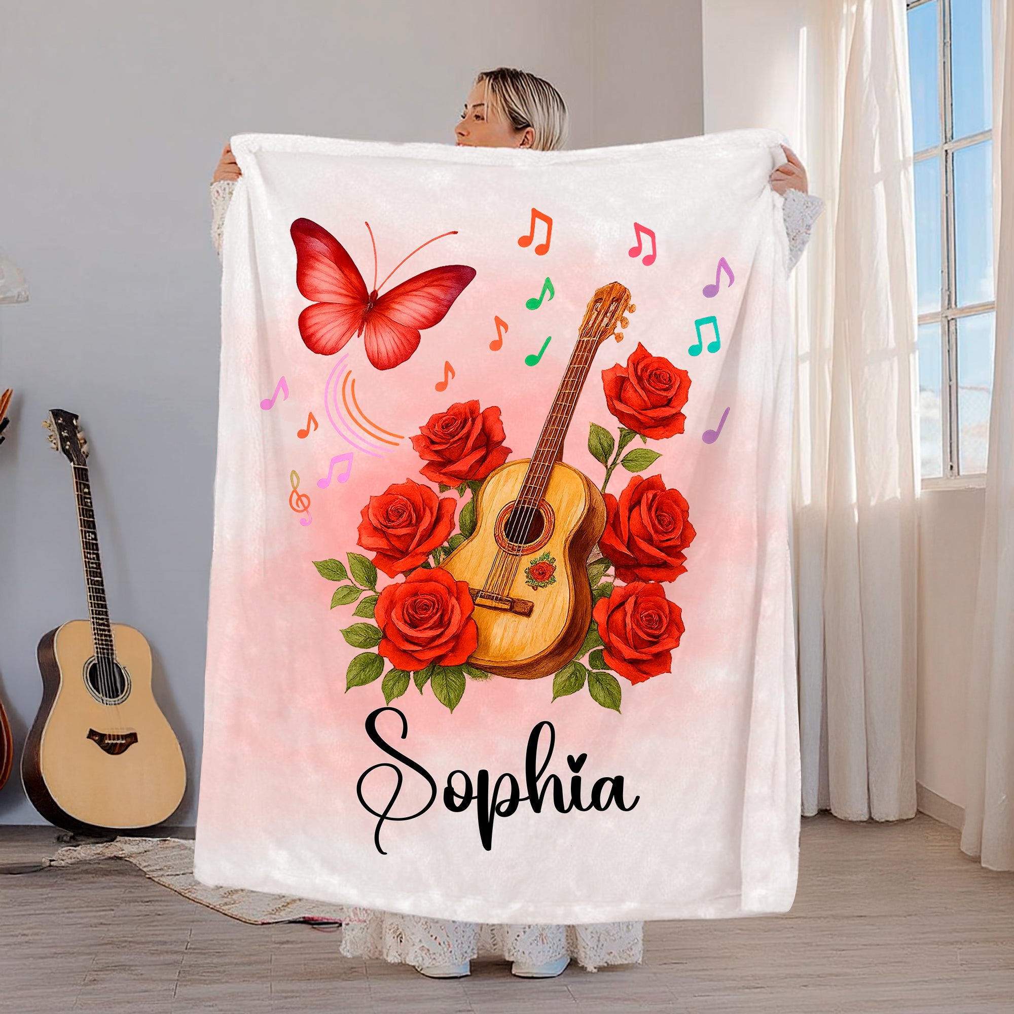 Guitarra personalizada Nacimiento Flor Mariposa Suave manta con nombre Decoración de la habitación Cumpleaños Aniversario Regalo para entusiastas de la guitarra