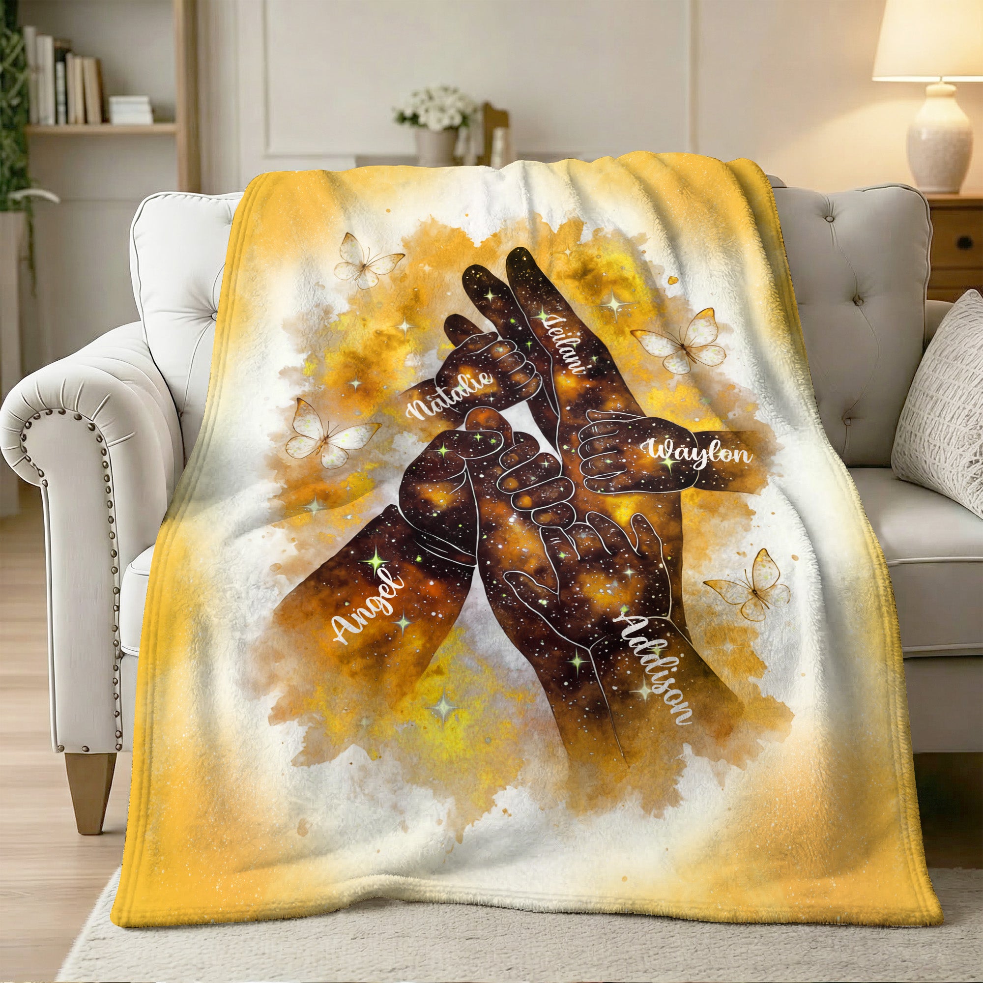 Acuarela Personalizada Mariposa Galaxia Cogida de la Mano Manta Suave con Nombre Decoración del Hogar Regalo del Día de la Madre para Ella