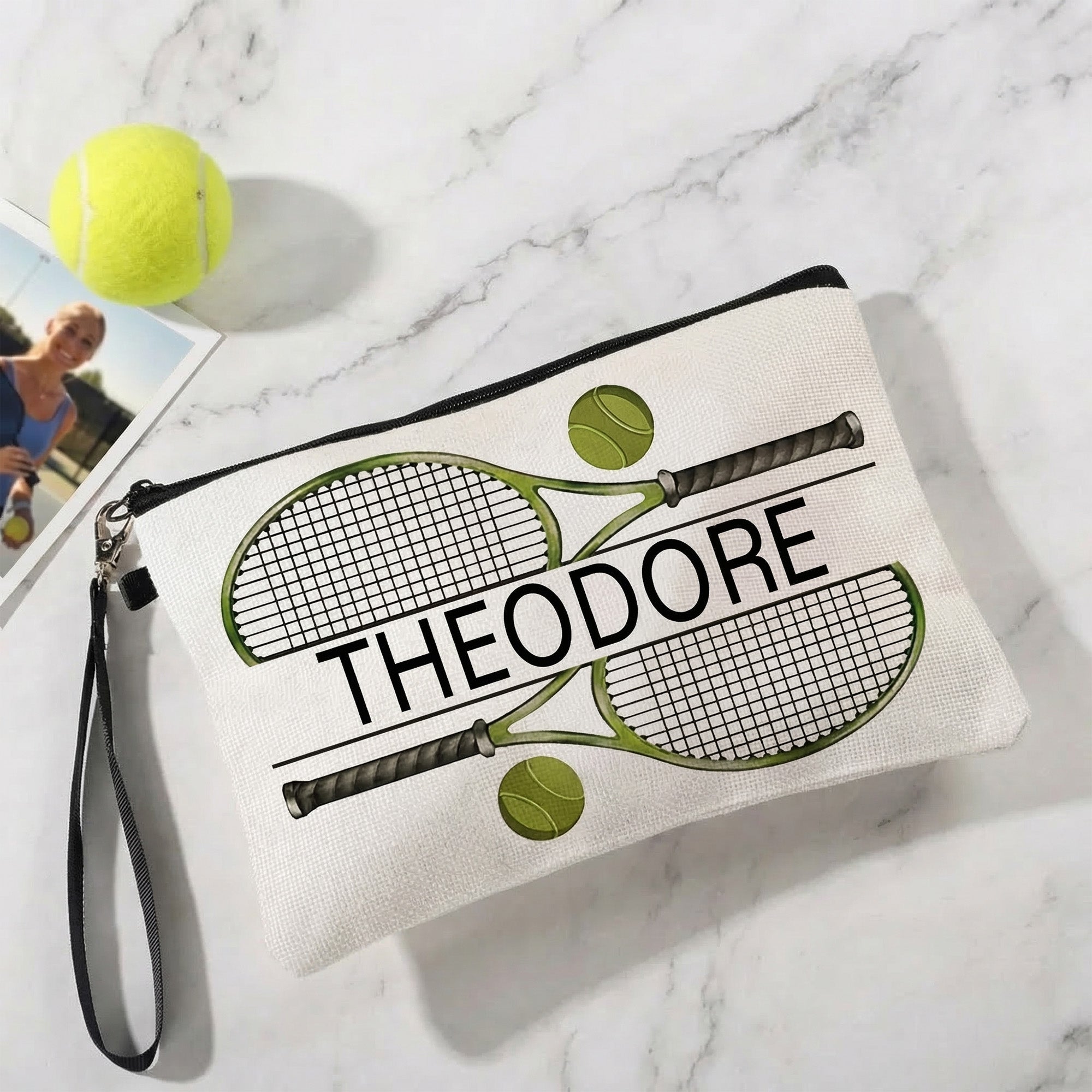 Bolsa de maquillaje personalizada con nombre y correa para la muñeca Regalo de cumpleaños para los amantes del tenis