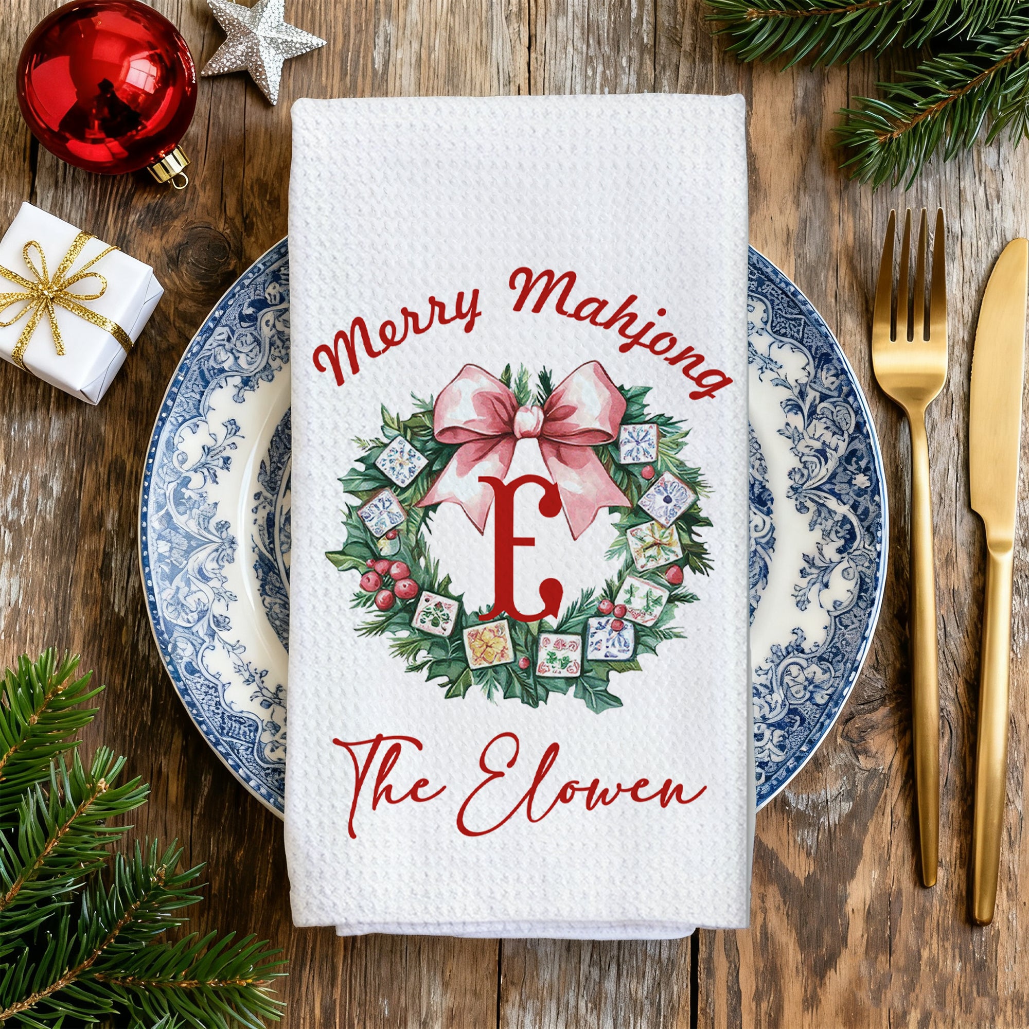 Personalizada arco guirnalda árbol de Navidad Mahjong Waffle toalla de té con el texto de Navidad de vacaciones de regalo para la familia amigo