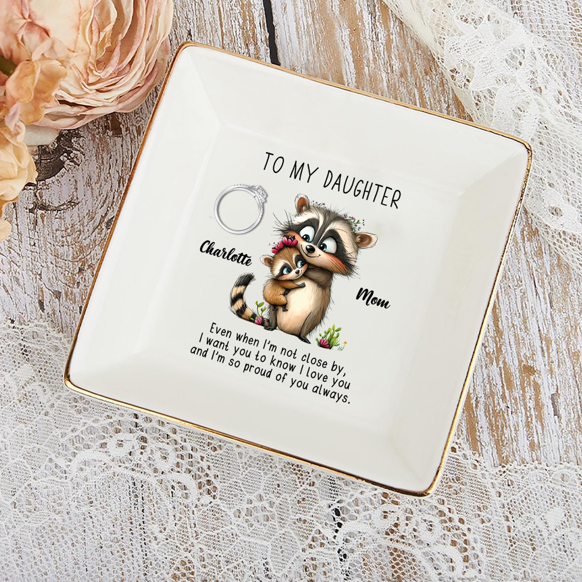 Acuarela Personalizada Mamá y Bebé Animales Baratija Cuadrada de Cerámica Joyero Plato con Nombre y Texto Decoración del Hogar Navidad Cumpleaños Regalo para la Familia