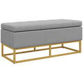 Storage Ottoman Bench with Flip Top & Golden Steel Legs, Linen Fabric Footstool, Grey