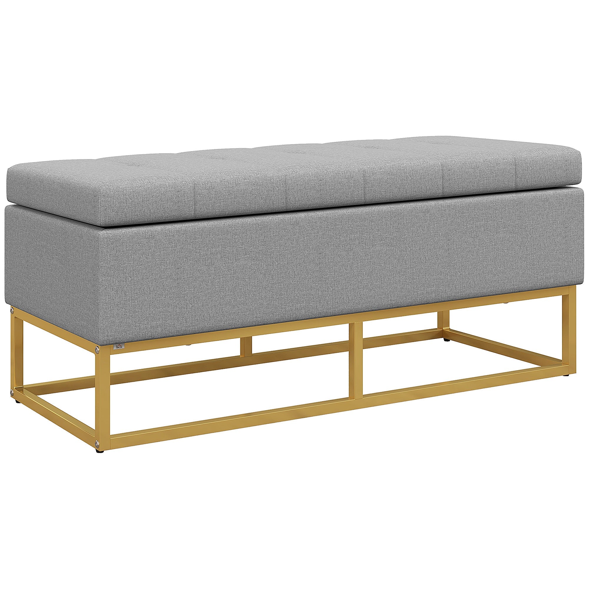 Storage Ottoman Bench with Flip Top & Golden Steel Legs, Linen Fabric Footstool, Grey