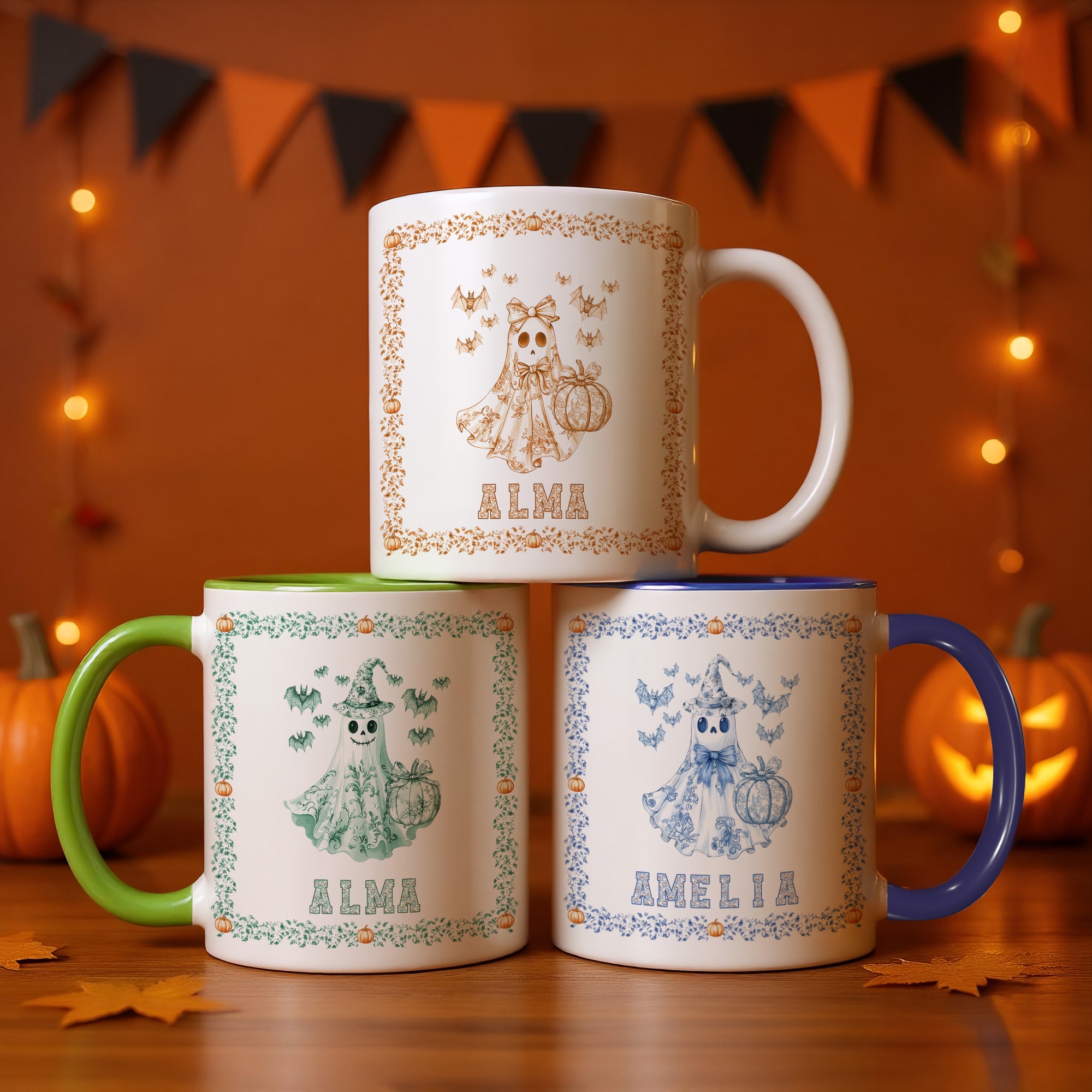 Toile De Jouy Personalizada Calabaza Fantasma 11 oz Taza de Cerámica con Nombre Truco o Trato Fiesta de Halloween Regalo para Niños