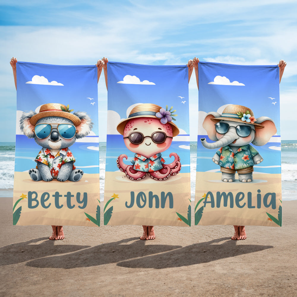 Toalla de playa de microfibra de secado rápido con el nombre de un animal hawaiano de dibujos animados personalizado.