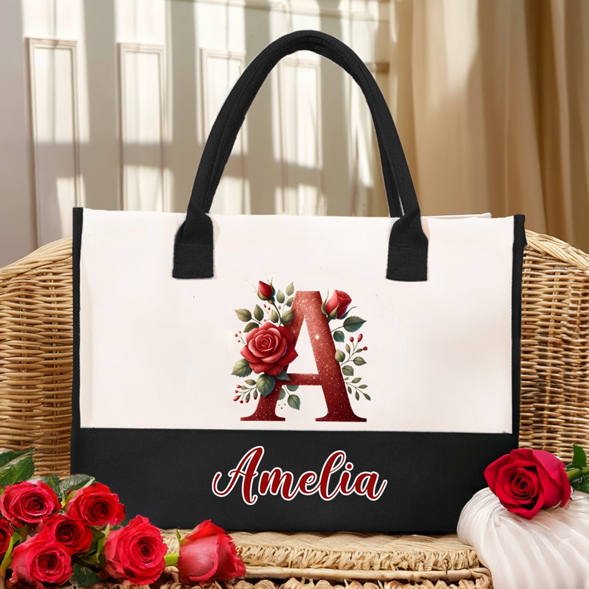 Personalizado de gran capacidad rojo Rose Inicial Bolsa de lona con nombre de viaje Esenciales Día de San Valentín Cumpleaños de regalo para las mujeres