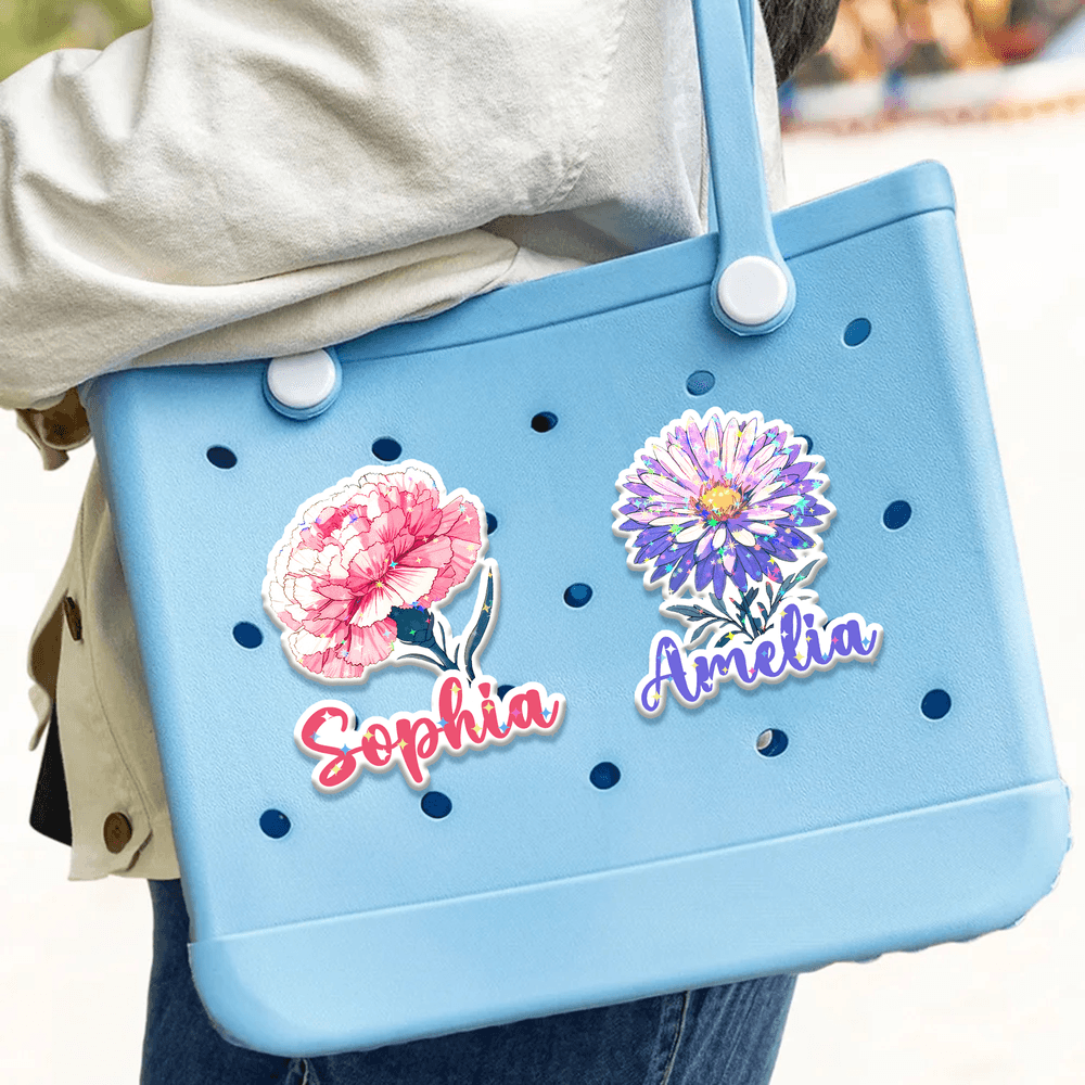 Personalizada Nacimiento Flor Purpurina Estrellas Nombre Botón Etiqueta Bolsa Encanto Accesorios Cumpleaños Aniversario Regalo de Navidad para las mujeres