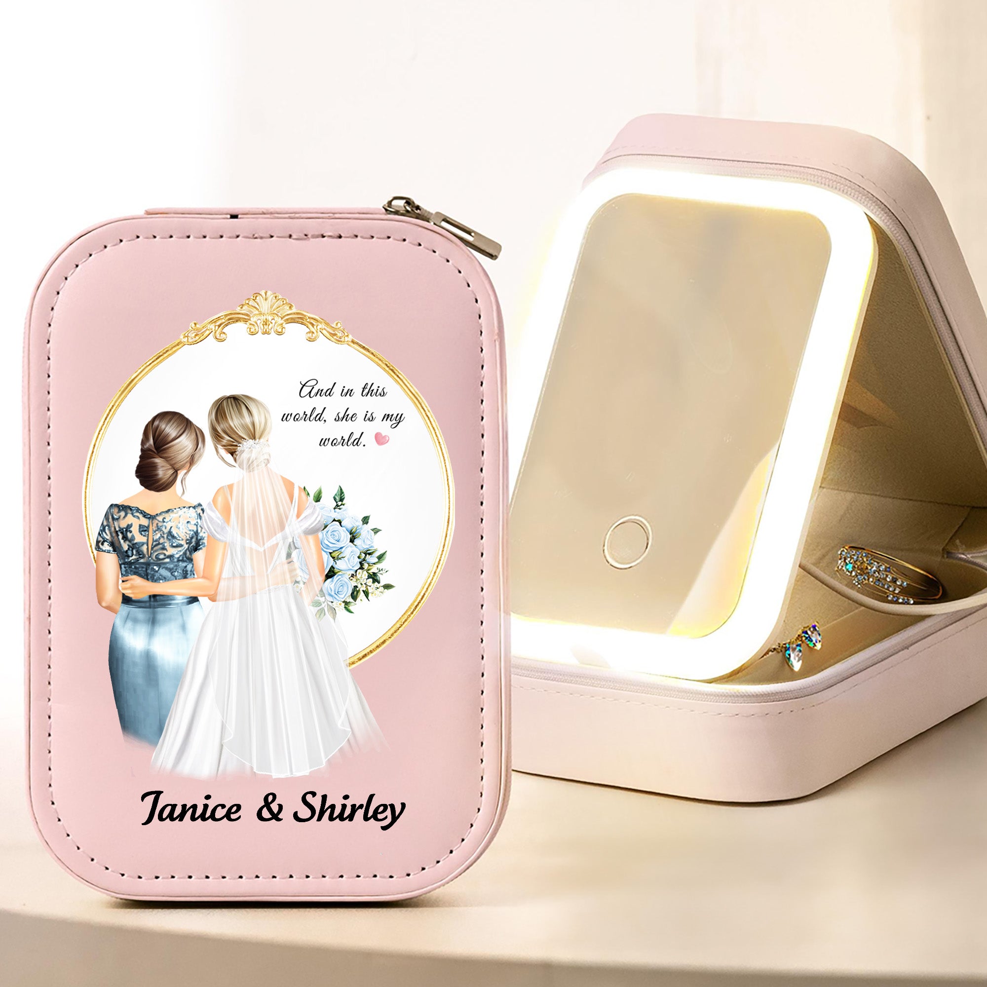 Personalizado de la novia de dibujos animados y personajes de la madre de la PU de cuero joyero con nombres y LED ajustable Espejo de maquillaje Regalo de boda para las novias