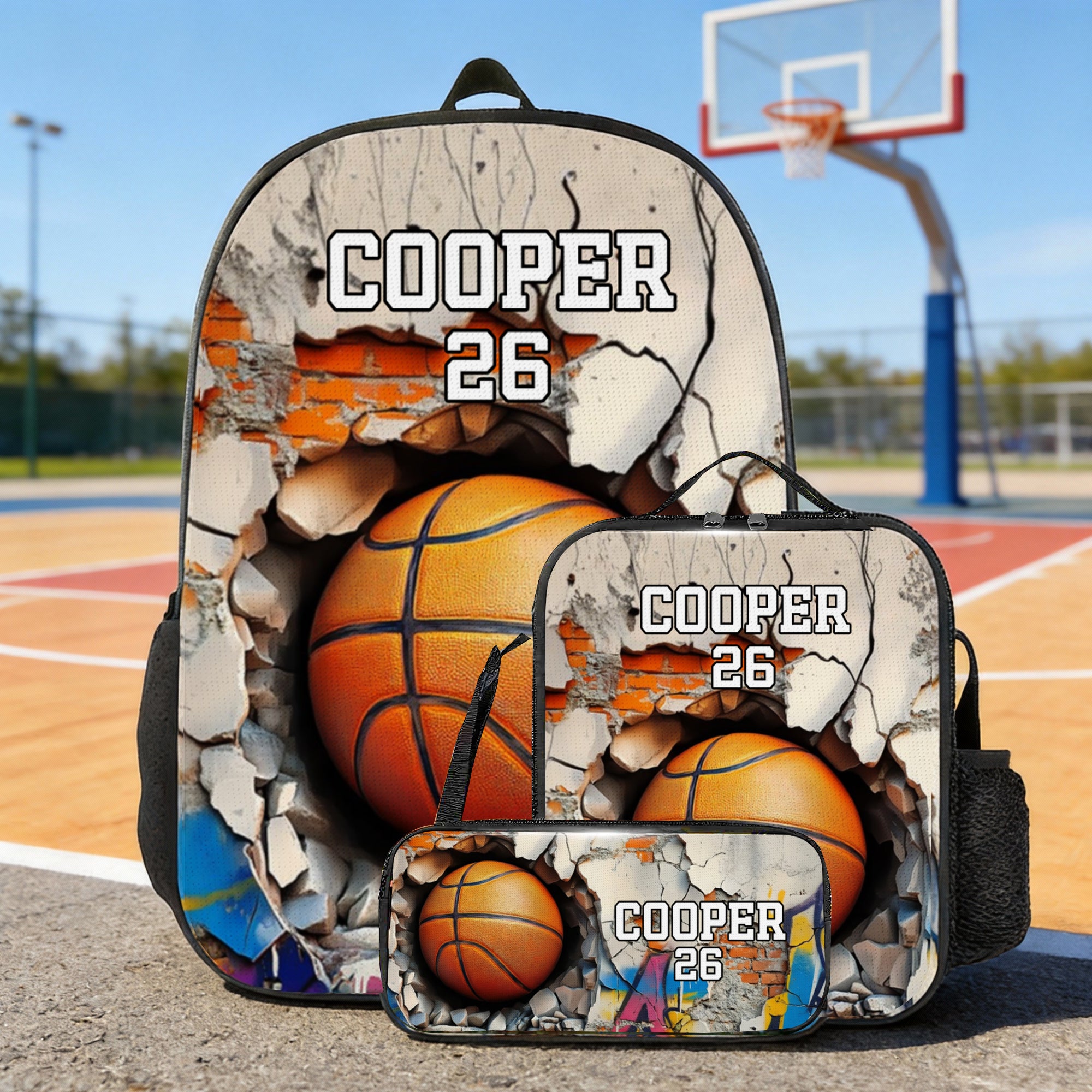 Personalizado Baloncesto Béisbol Crack Pared Mochila Bolsa de almuerzo Estuche con nombre y número de vuelta a la escuela Día del equipo Regalo de cumpleaños para los niños