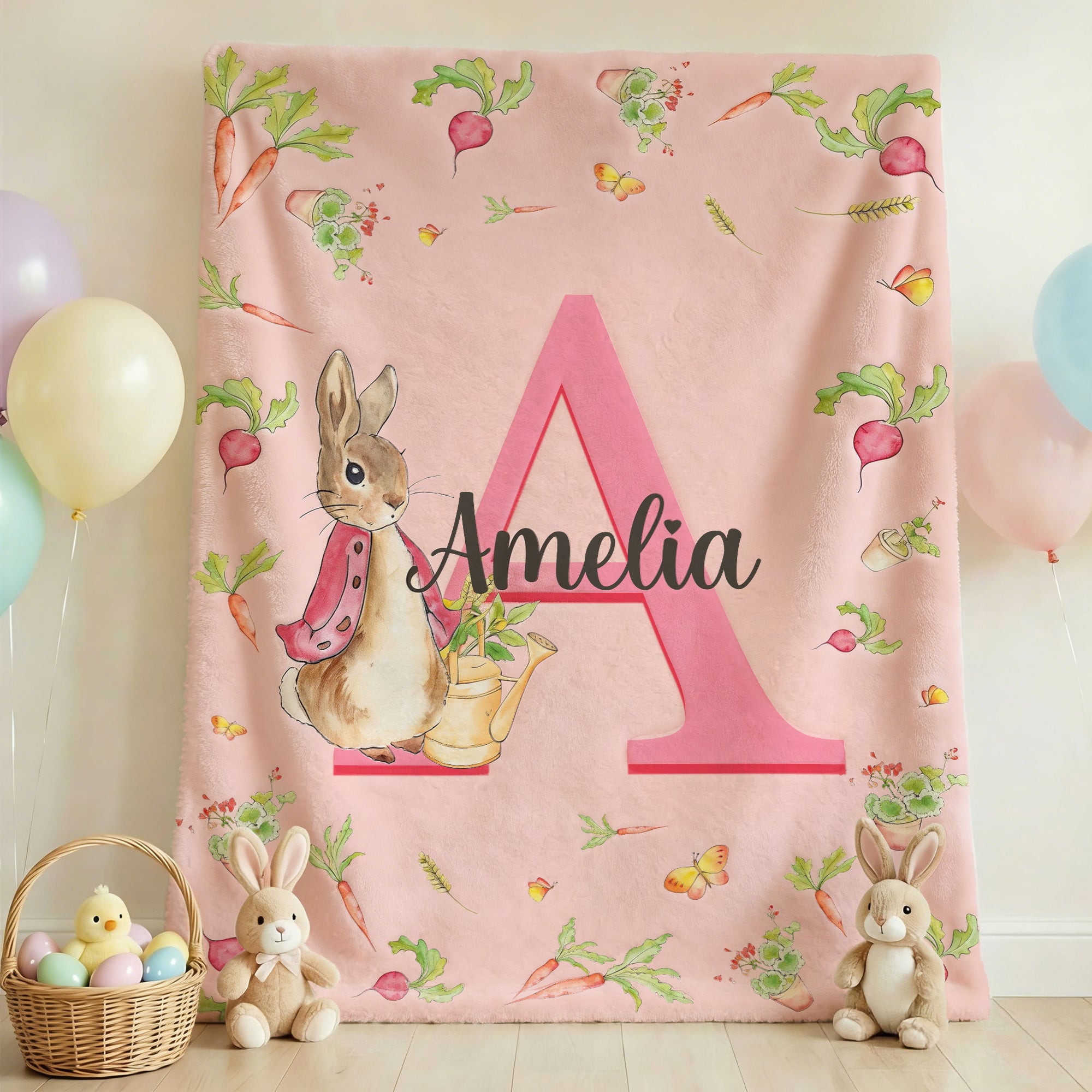 Manta suave personalizada multicolor Peter Rabbit con nombre e inicial Decoración del hogar Regalo para el día de Pascua para niños