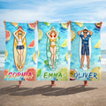 Toalla de playa de gran tamaño y secado rápido personalizada con el nombre de un surfista de dibujos animados Vacaciones de verano Uso diario Regalo de cumpleaños para amigos