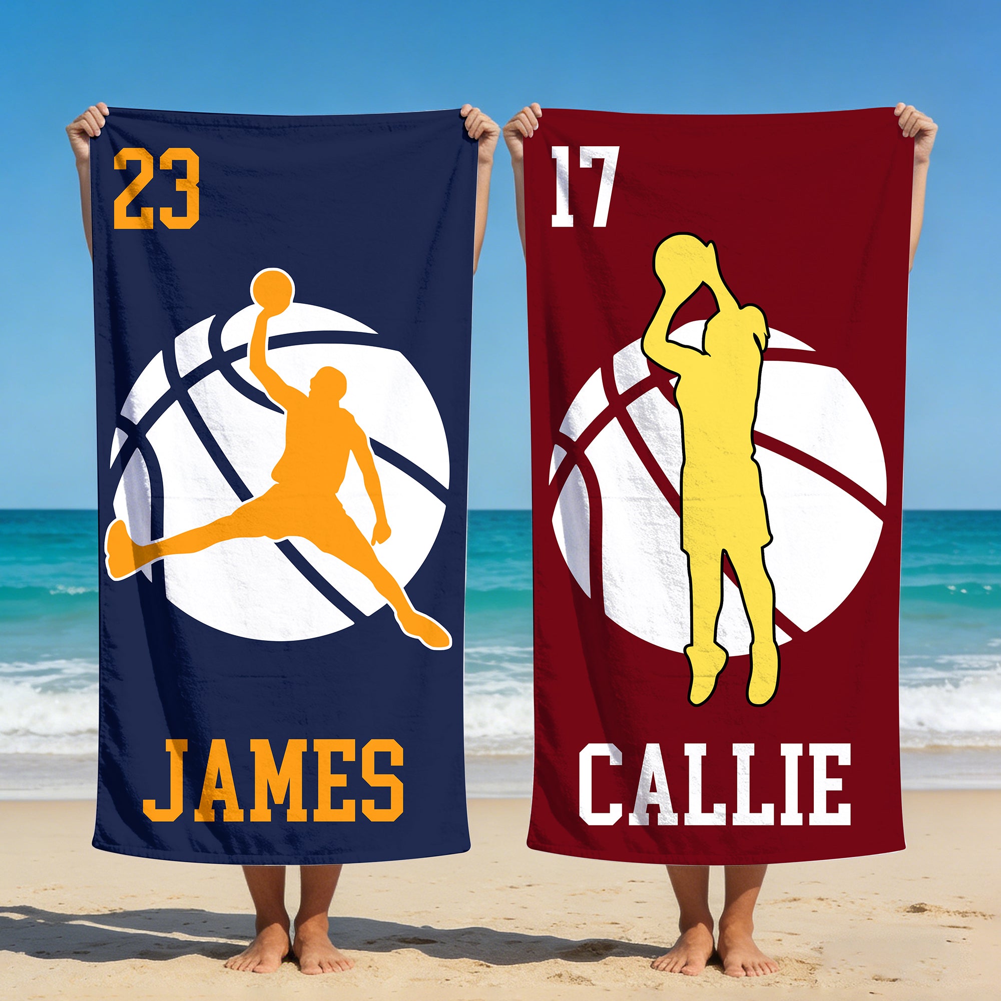 Toalla de playa personalizada con silueta de jugador de baloncesto, de secado rápido y de gran tamaño, con nombre y número Fiesta en la playa Regalo de vacaciones de verano para los amantes del balonc