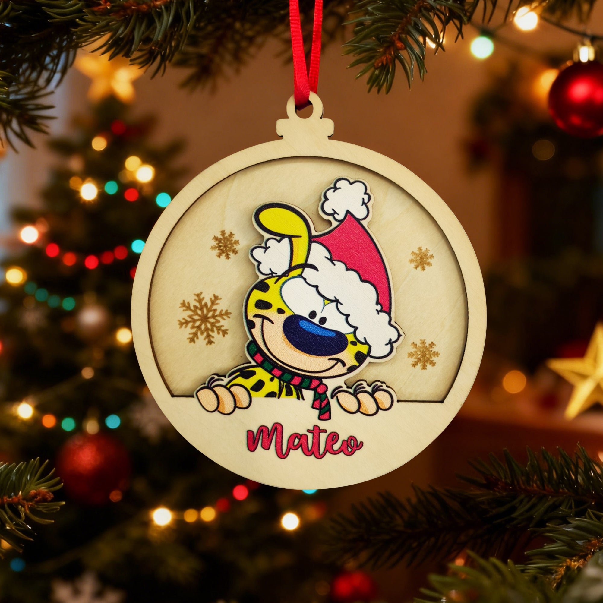 Adorno navideño personalizado de leopardo amarillo Marsupilami con nombre Decoración del árbol de Navidad Regalo para niños | Callie × Marsupilami