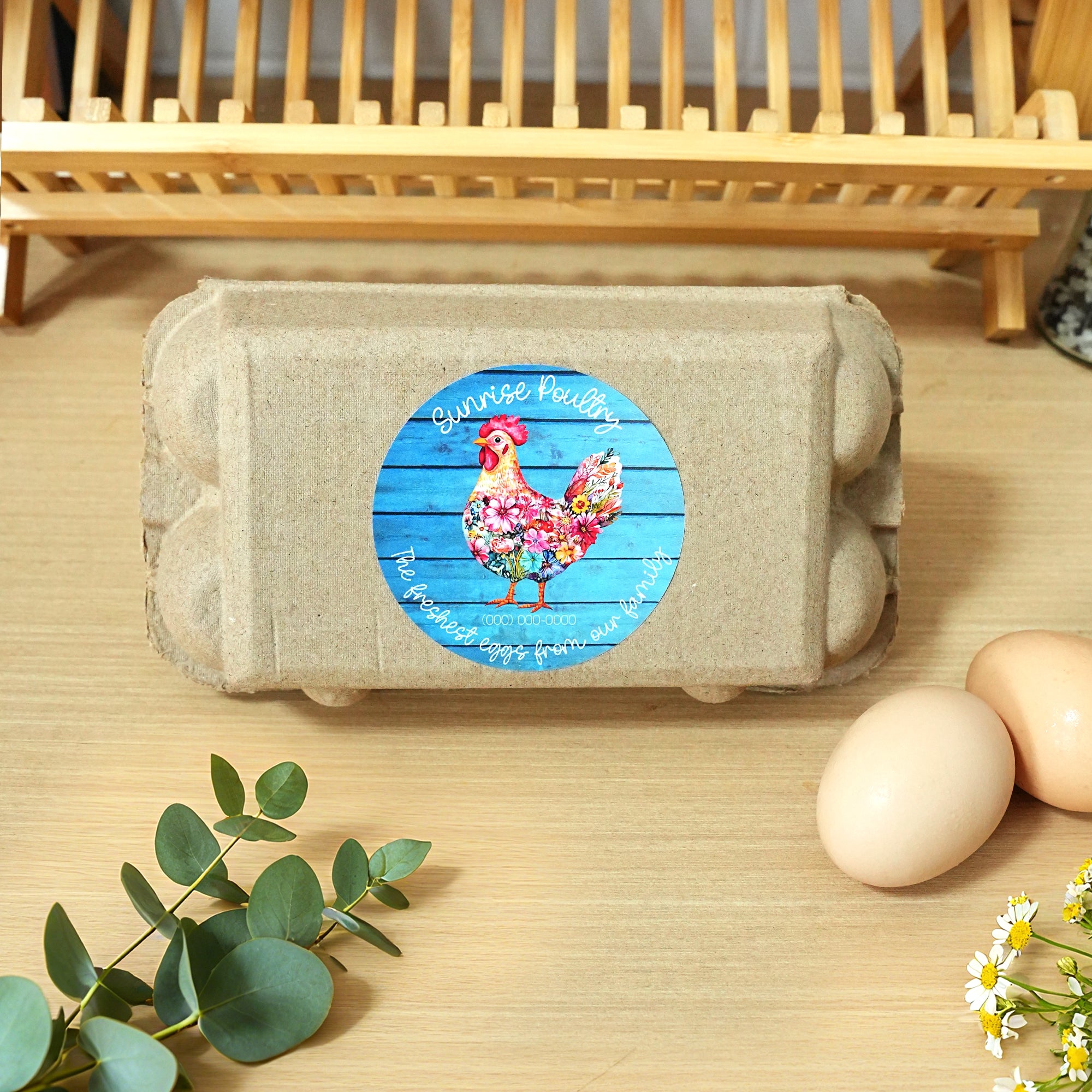 Gallina floreada personalizada Etiquetas autoadhesivas impermeables para cajas de huevos con texto Cumpleaños Regalo de Navidad para la familia Granjeros Criadores