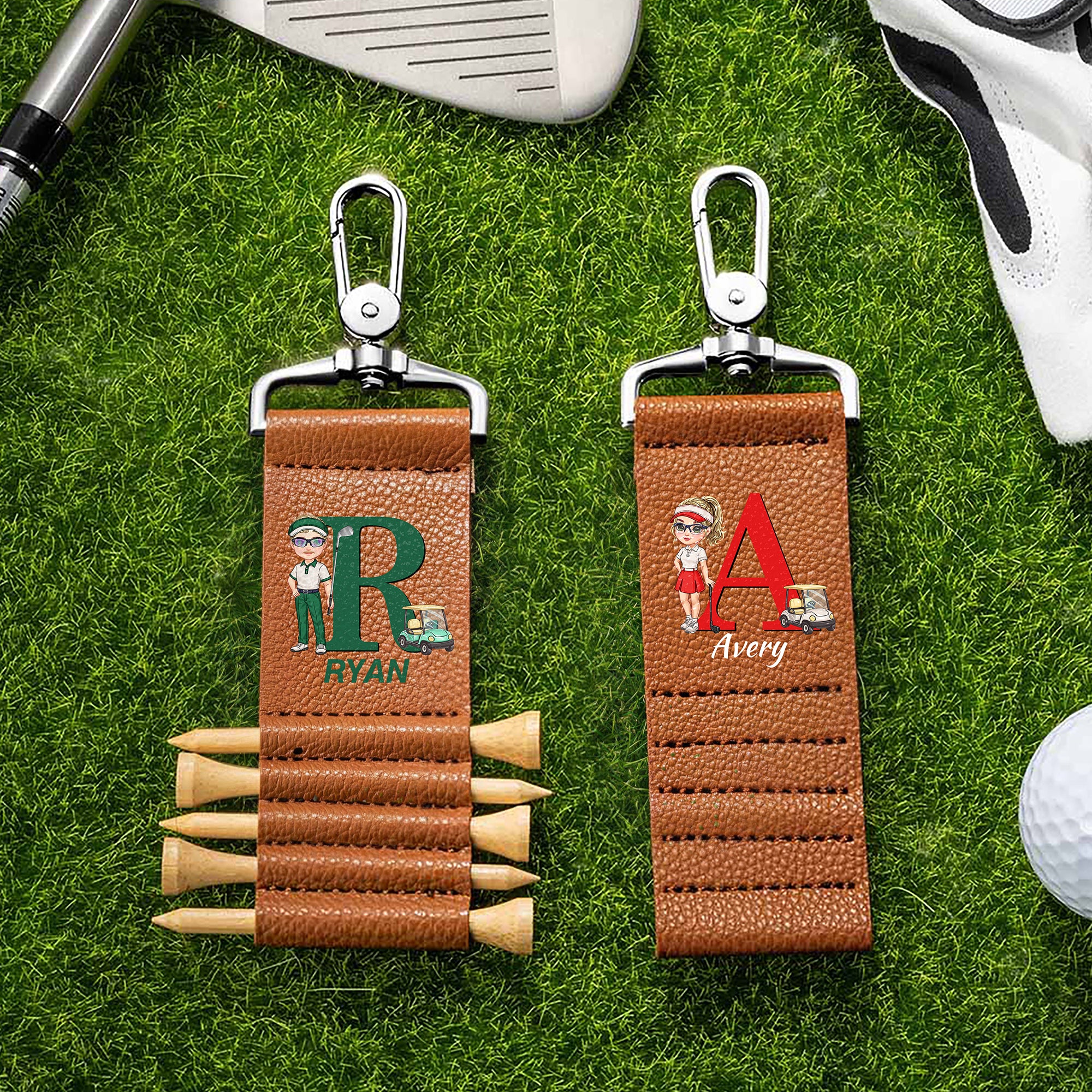 Personalizado Cartoon Character Initial PU Leather Golf Tee Holder Bag Tag with Name and 5 Pcs Bamboo Tees Game Day Birthday Gift for Golf Players