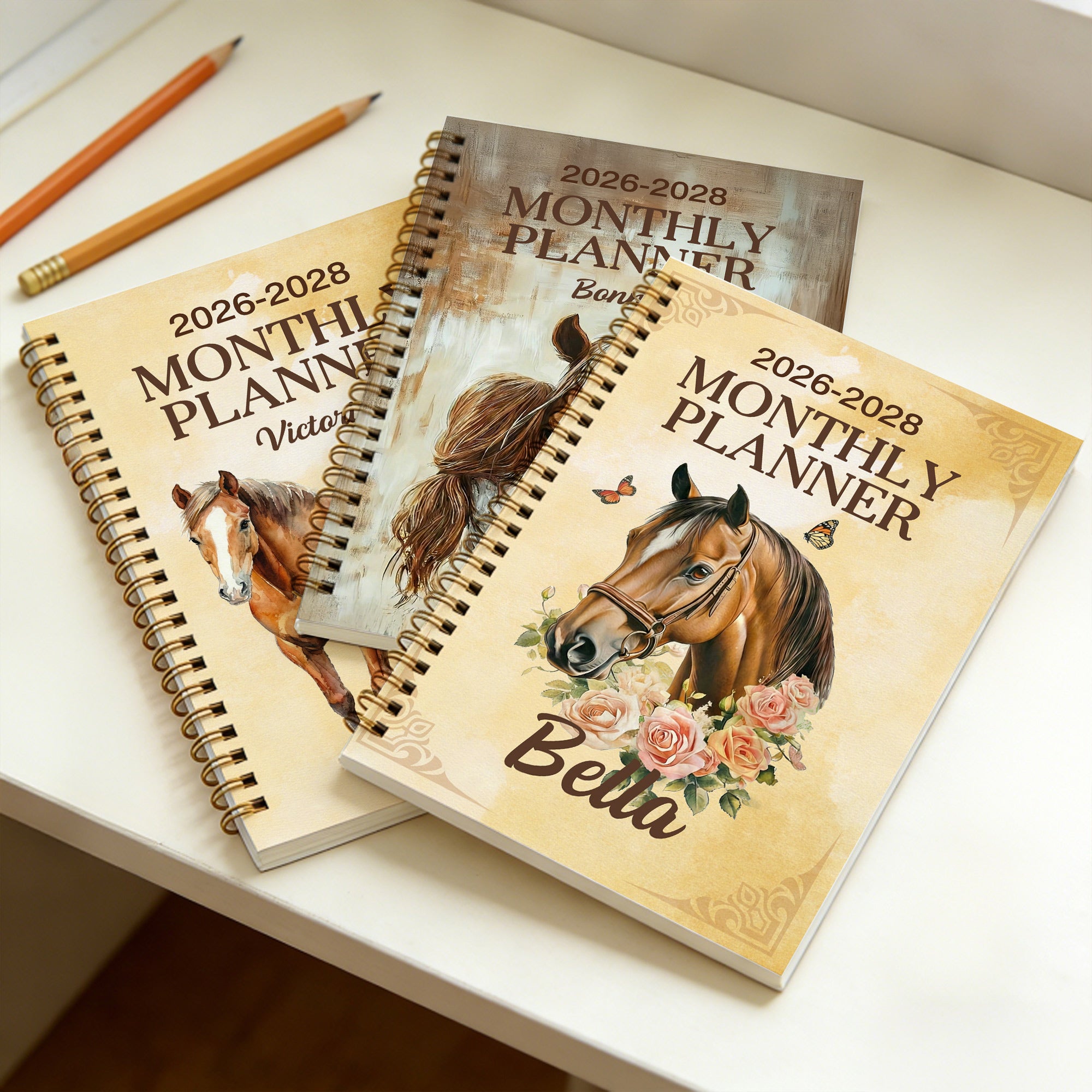 Cuaderno personalizado con el tema del caballo 2026-2028 Planificador en espiral con páginas mensuales Cumpleaños Año Nuevo Regalo para amigos amantes de los caballos