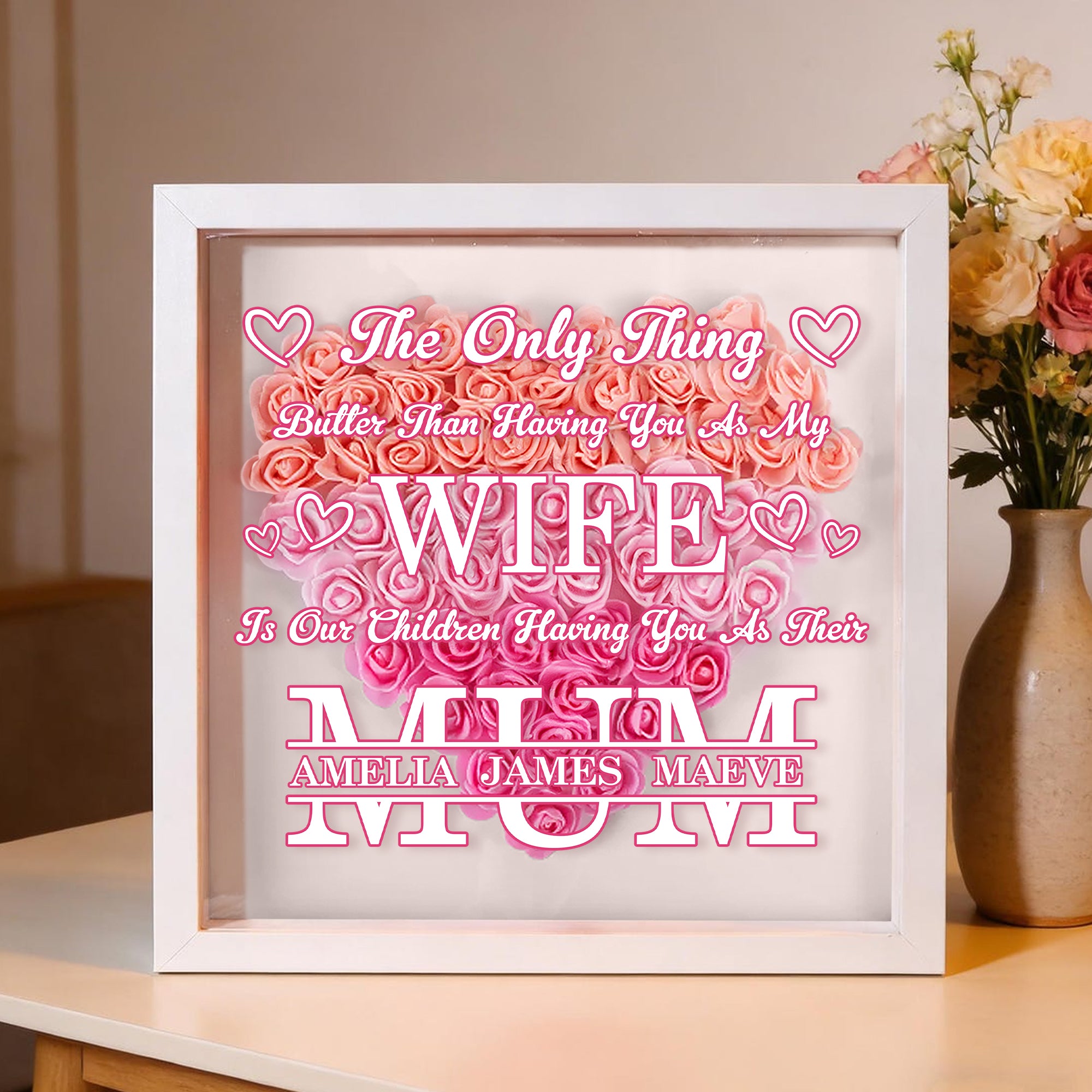Personalizado 1-6 Nombres Amor Flor de Papel Cuadro de Sombra con Título Decoración del Hogar Aniversario Día de la Madre Regalo para Esposa Mujer