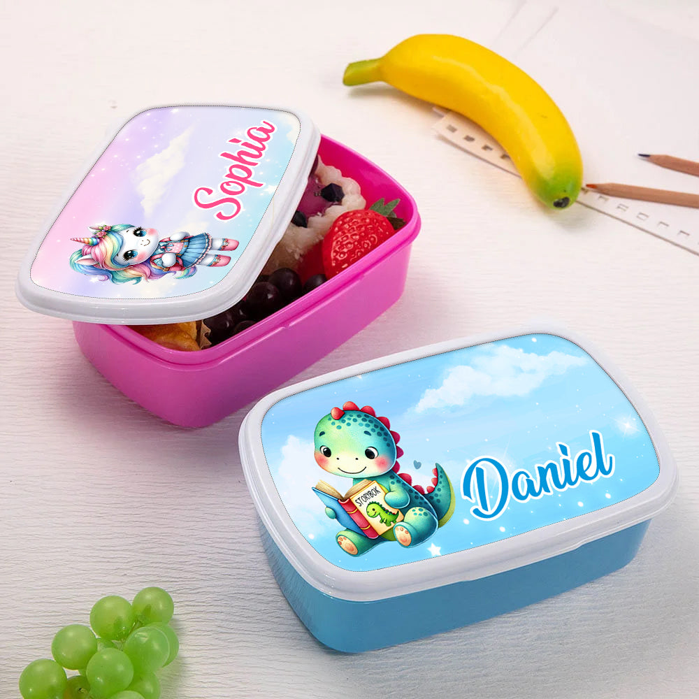 Fiambrera Personalizada Fantasía Unicornio Dinosaurio con Nombre Regalo de Cumpleaños Vuelta al Cole para Niños Niñas